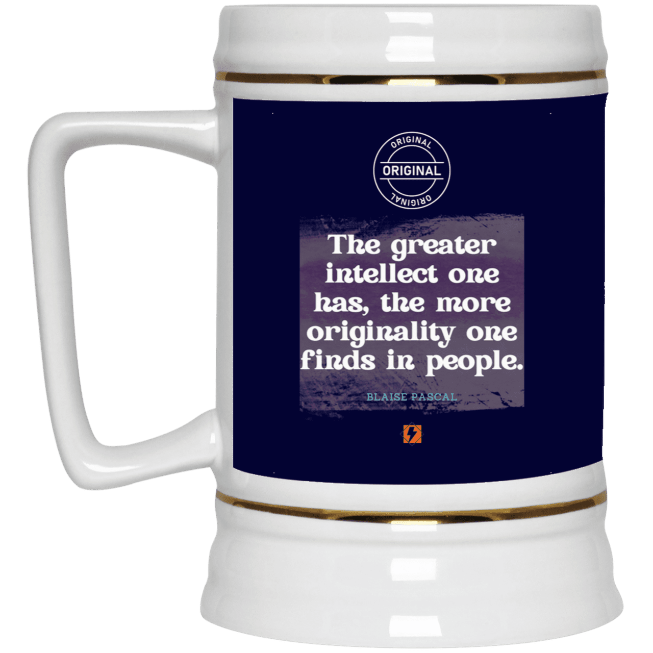 Ceramic Beer Stein Mug with inspiring Pascal quote: BP111 - Intelligence is in perceiving originality - Color: Navy