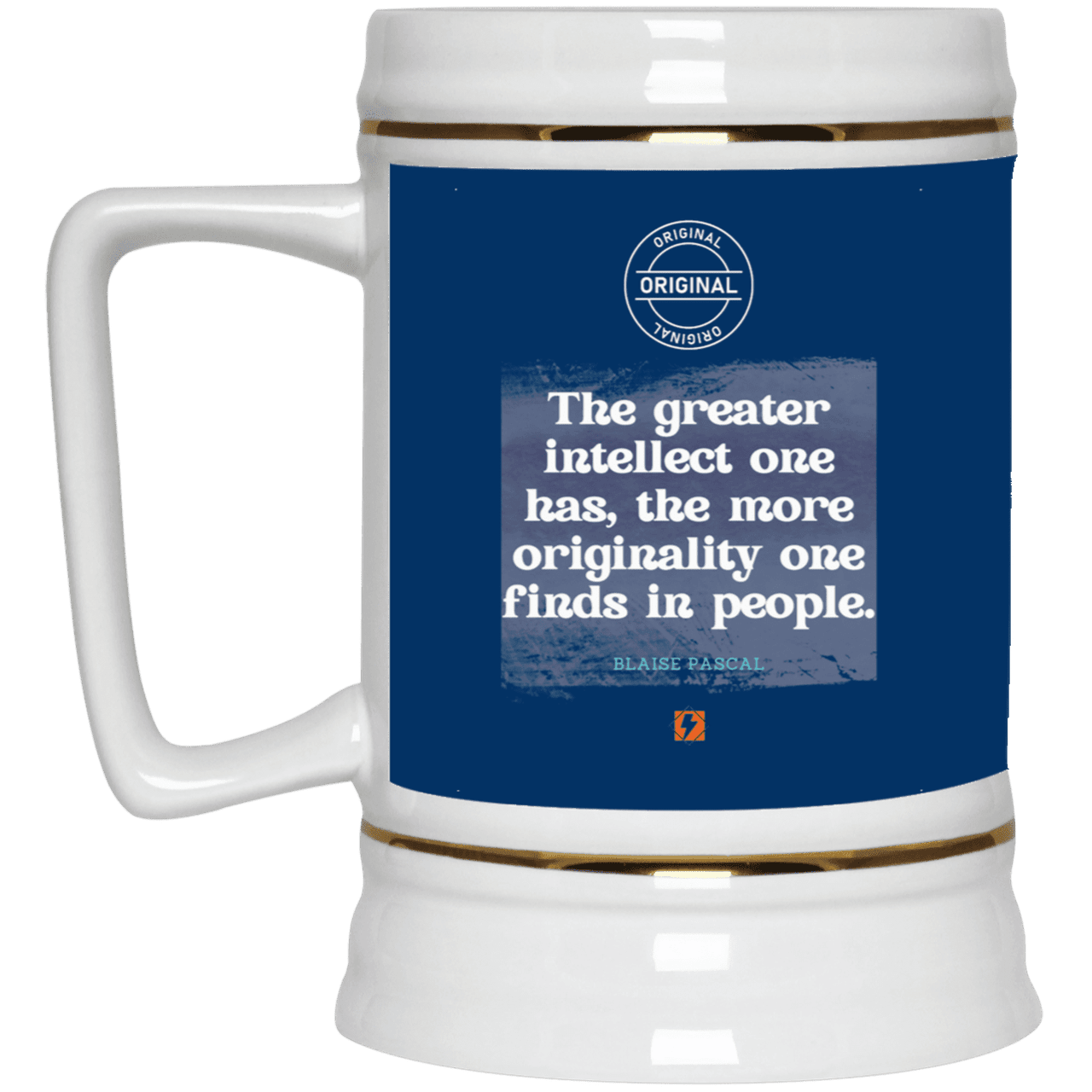 Ceramic Beer Stein Mug with inspiring Pascal quote: BP111 - Intelligence is in perceiving originality - Color: Royal