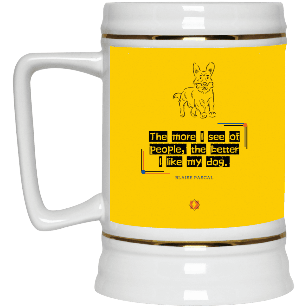 Ceramic Beer Stein Mug with inspiring Pascal quote: BP112 - People vs Pets - Color: Athletic Gold