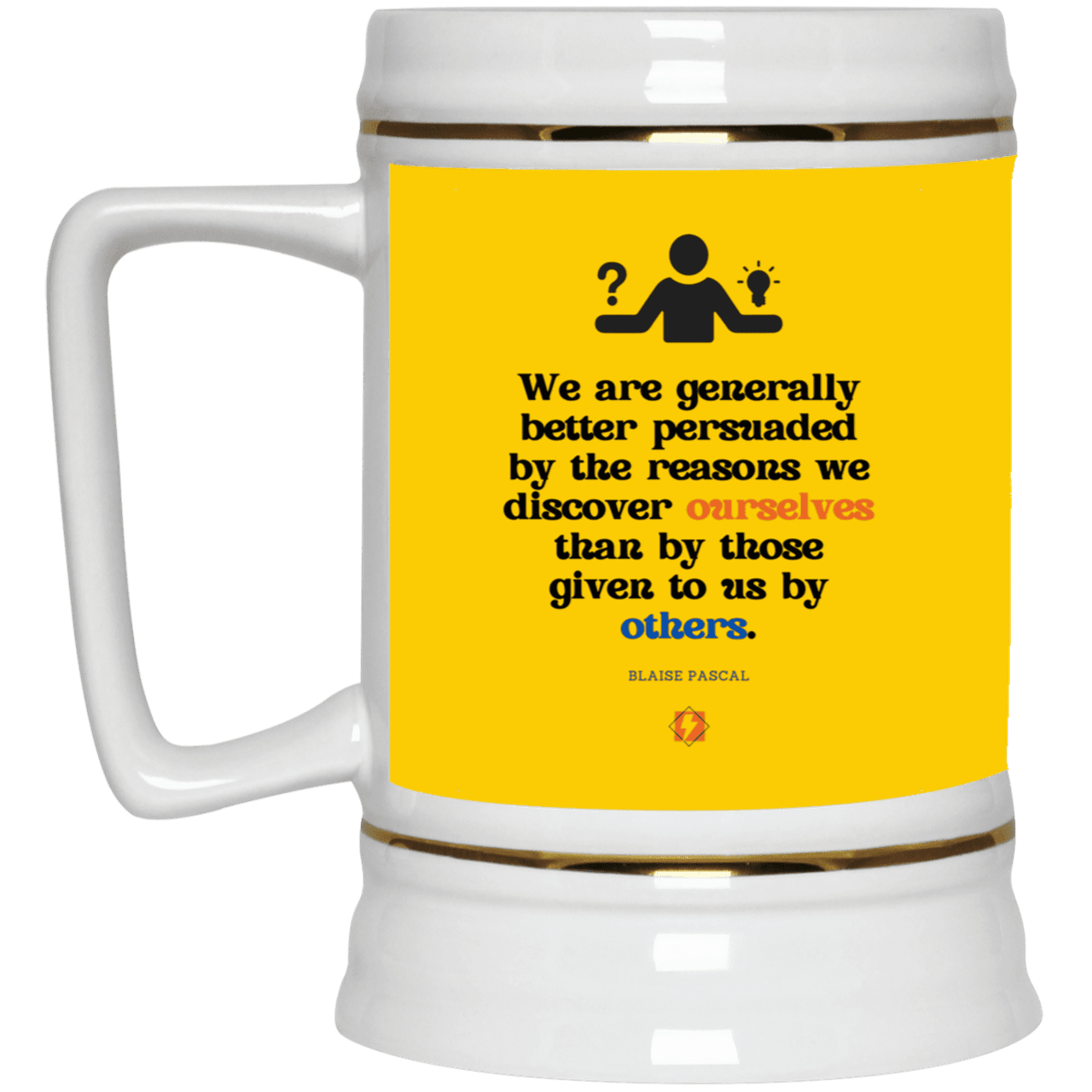 Ceramic Beer Stein Mug with inspiring Pascal quote: BP115 - The path of persuation involves self-discovery - Color: Athletic Gold