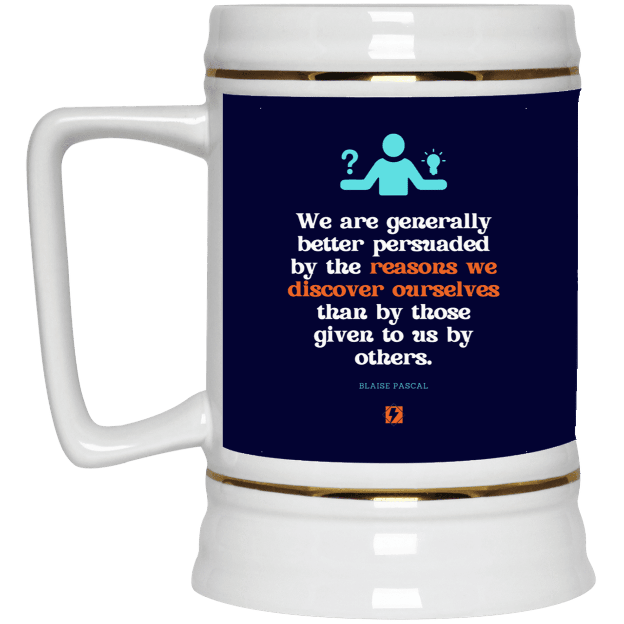 Ceramic Beer Stein Mug with inspiring Pascal quote: BP115 - The path of persuation involves self-discovery - Color: Navy