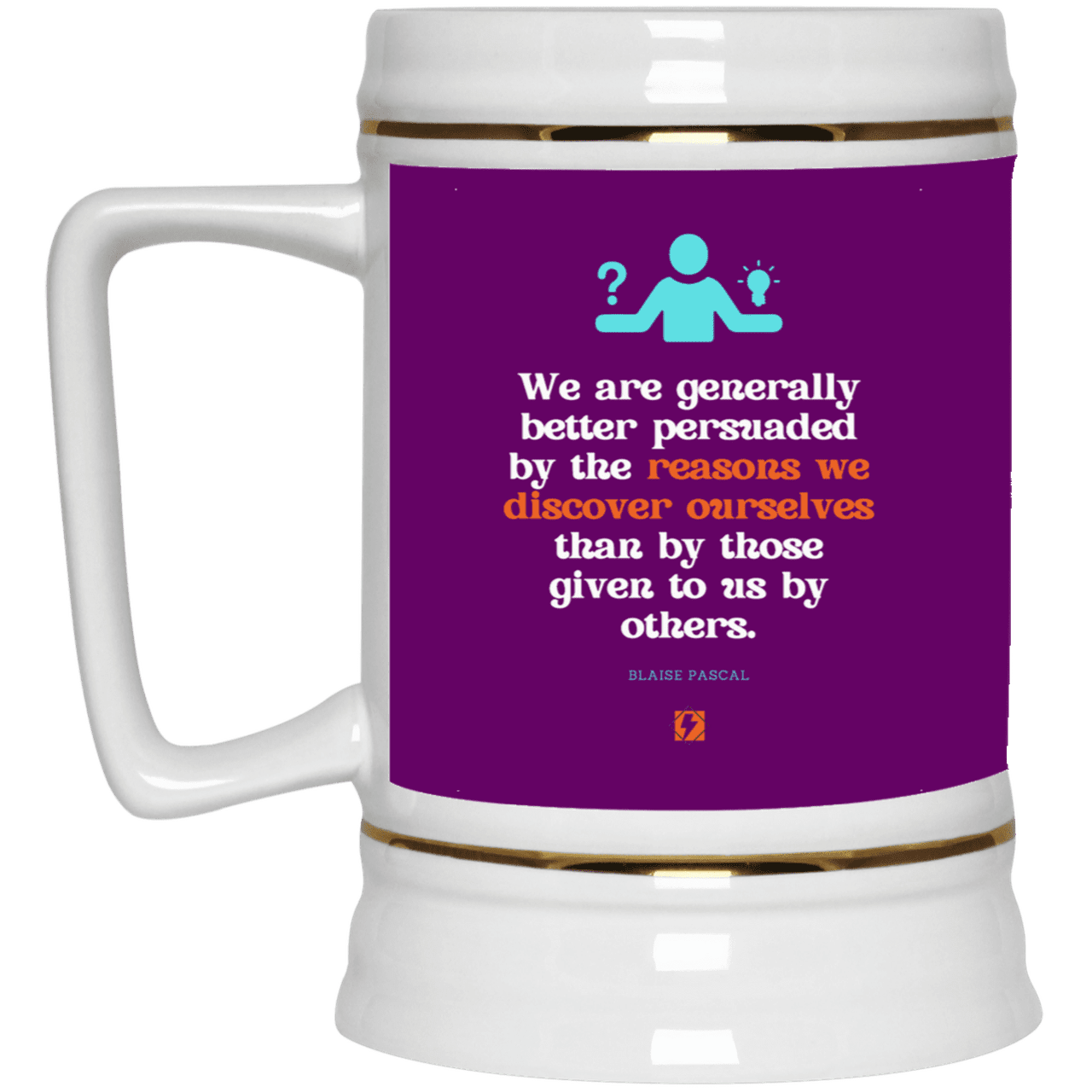 Ceramic Beer Stein Mug with inspiring Pascal quote: BP115 - The path of persuation involves self-discovery - Color: Purple