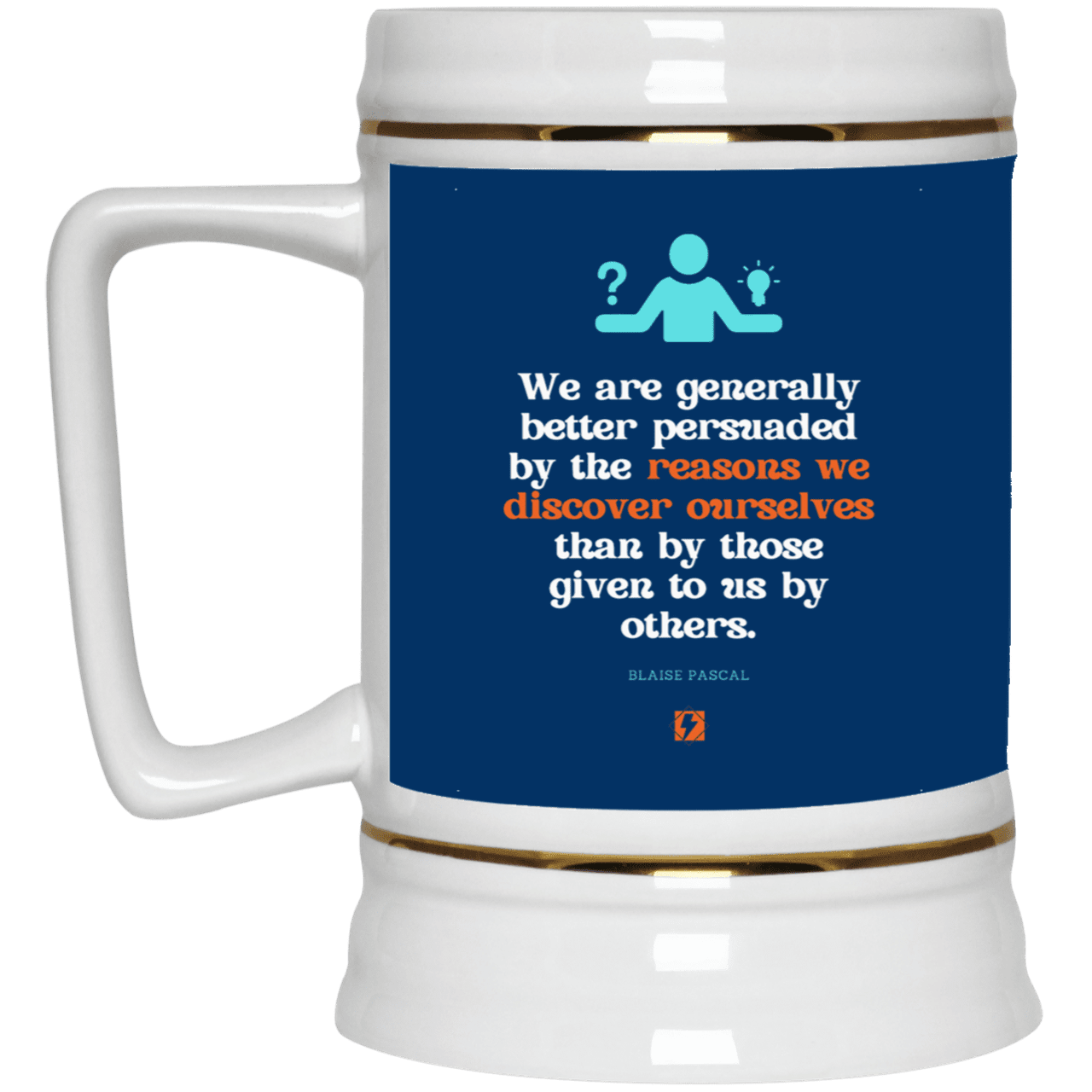 Ceramic Beer Stein Mug with inspiring Pascal quote: BP115 - The path of persuation involves self-discovery - Color: Royal