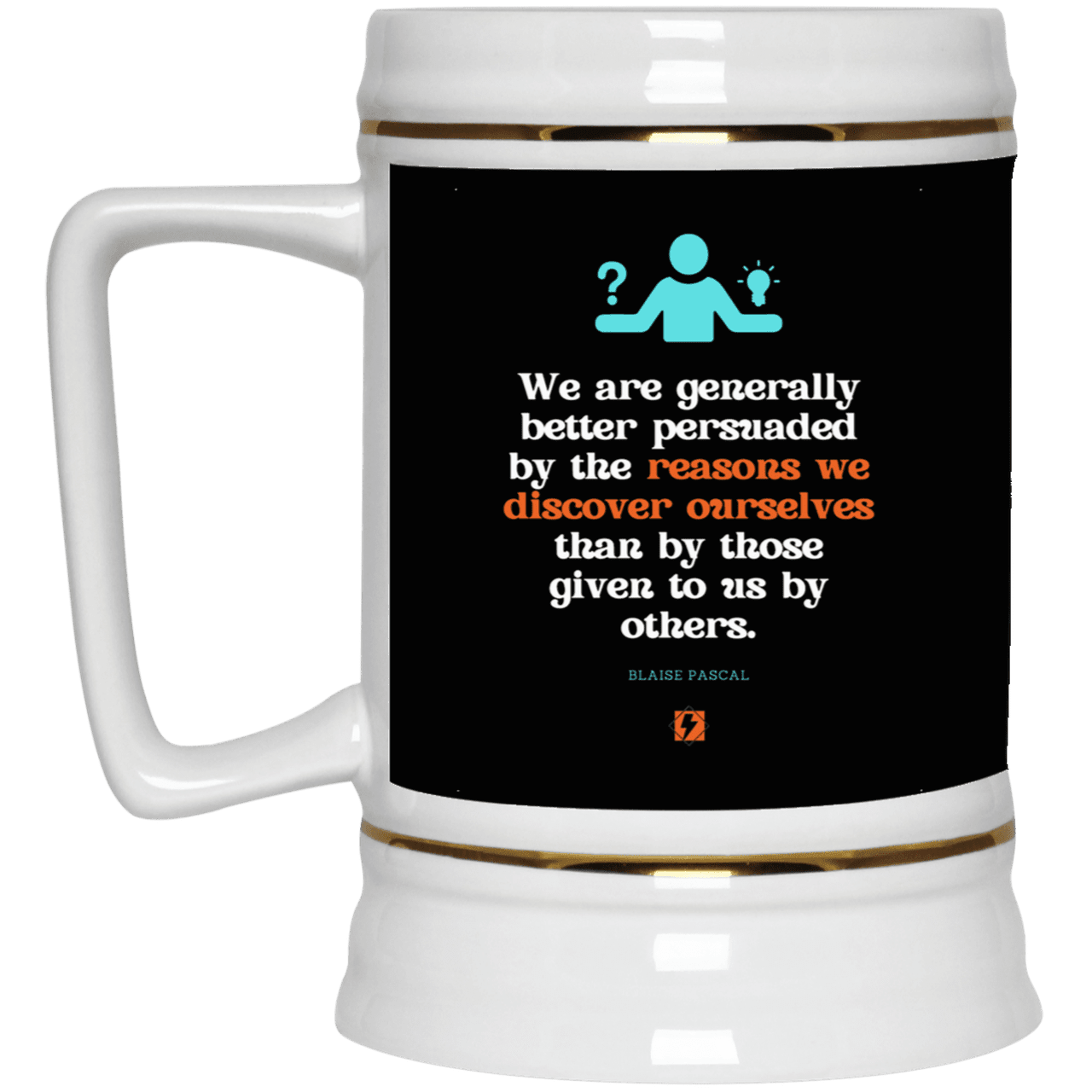 Ceramic Beer Stein Mug with inspiring Pascal quote: BP115 - The path of persuation involves self-discovery - Color: Black