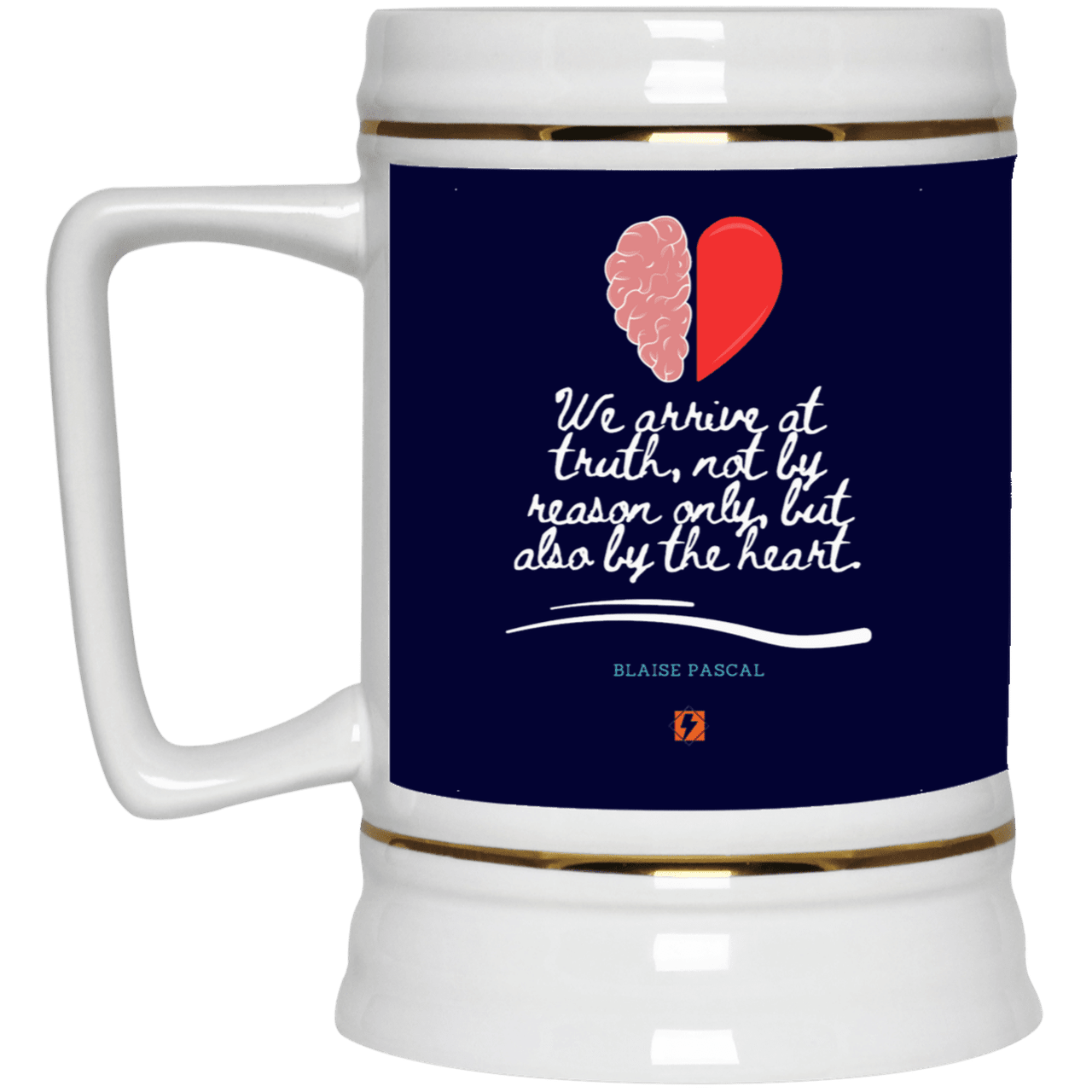 Ceramic Beer Stein Mug with inspiring Pascal quote: BP116 - Truth requires both the head and the heart - Color: Navy