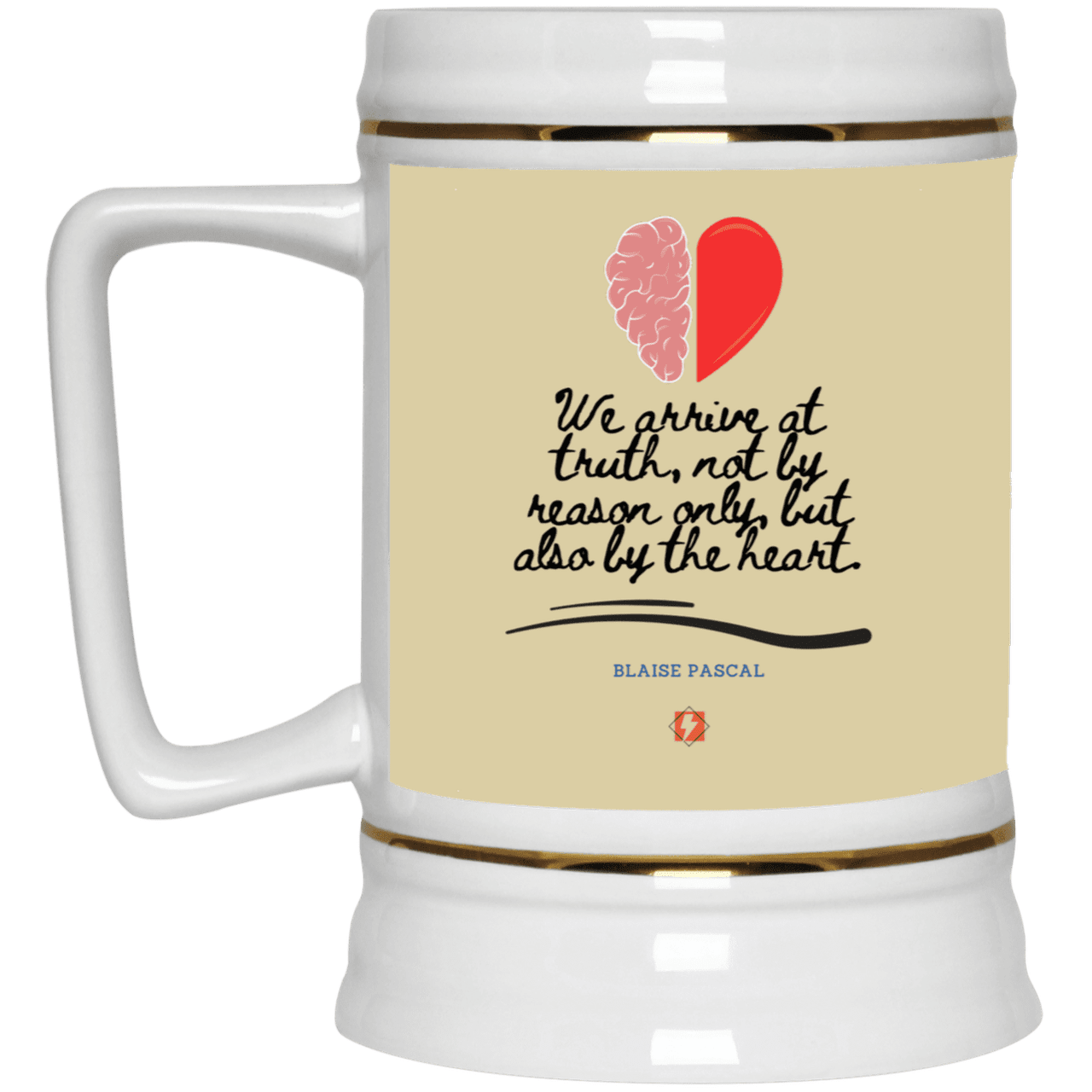 Ceramic Beer Stein Mug with inspiring Pascal quote: BP116 - Truth requires both the head and the heart - Color: Tan