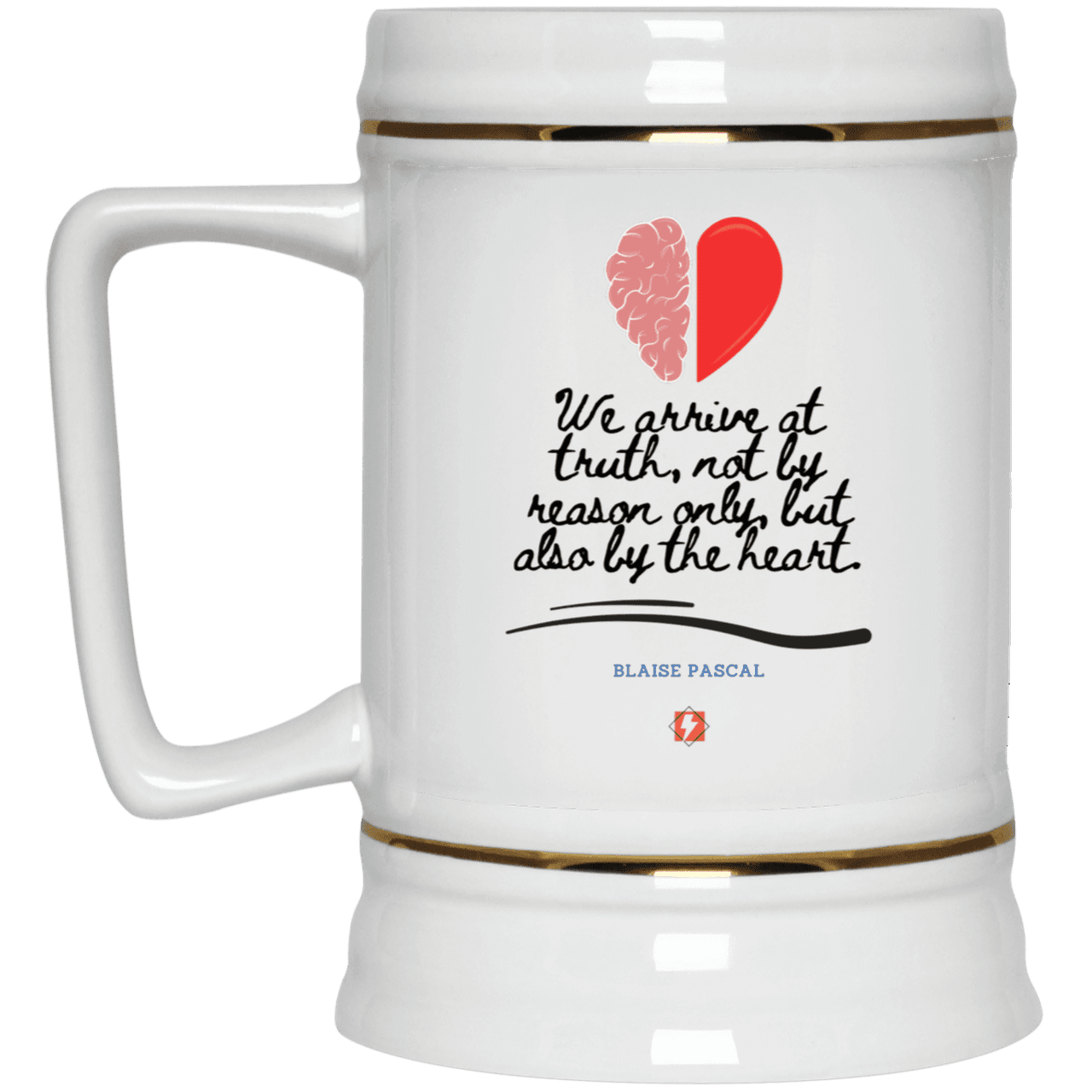 Ceramic Beer Stein Mug with inspiring Pascal quote: BP116 - Truth requires both the head and the heart - Color: Plain White