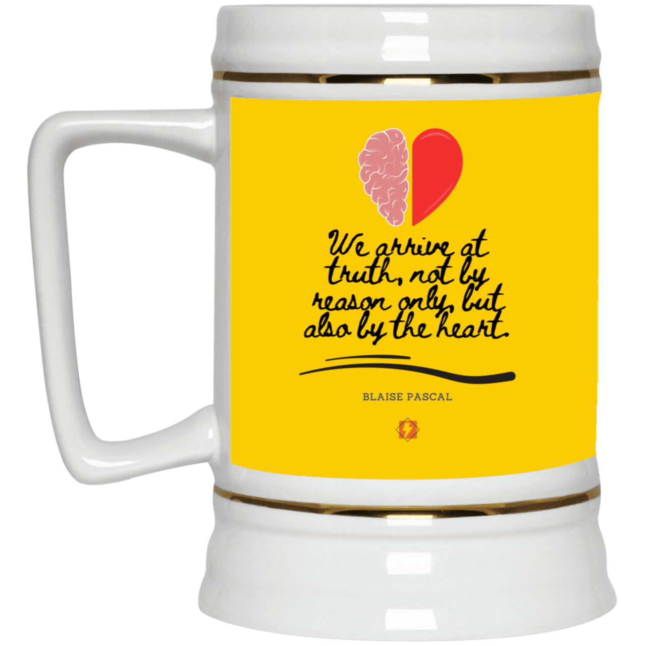 Ceramic Beer Stein Mug with inspiring Pascal quote: BP116 - Truth requires both the head and the heart - Color: Athletic Gold