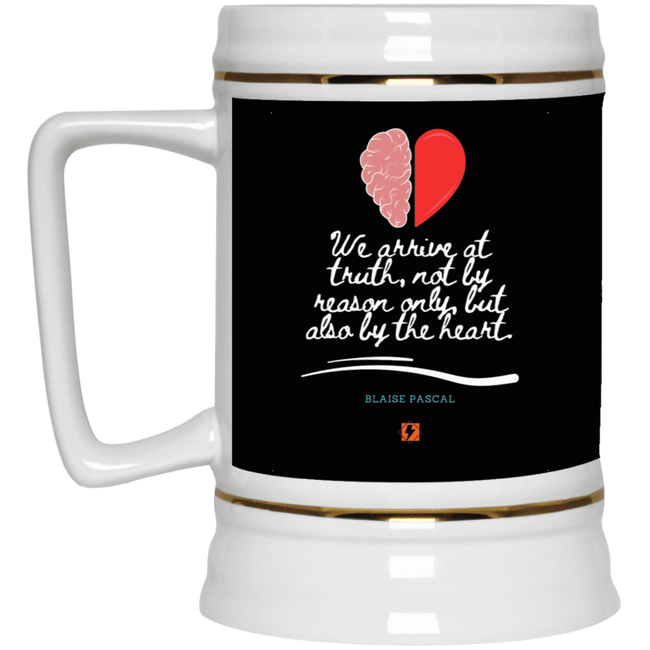 Ceramic Beer Stein Mug with inspiring Pascal quote: BP116 - Truth requires both the head and the heart - Color: Black