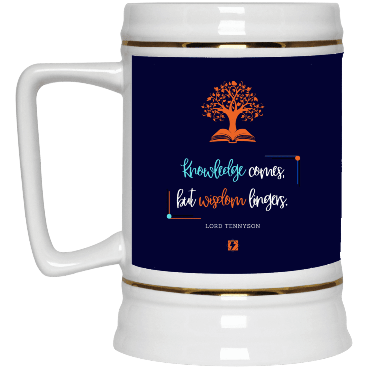 Ceramic Beer Stein Mug with inspiring Tennyson quote: LT107 - Knowledge vs Wisdom - Color: Navy