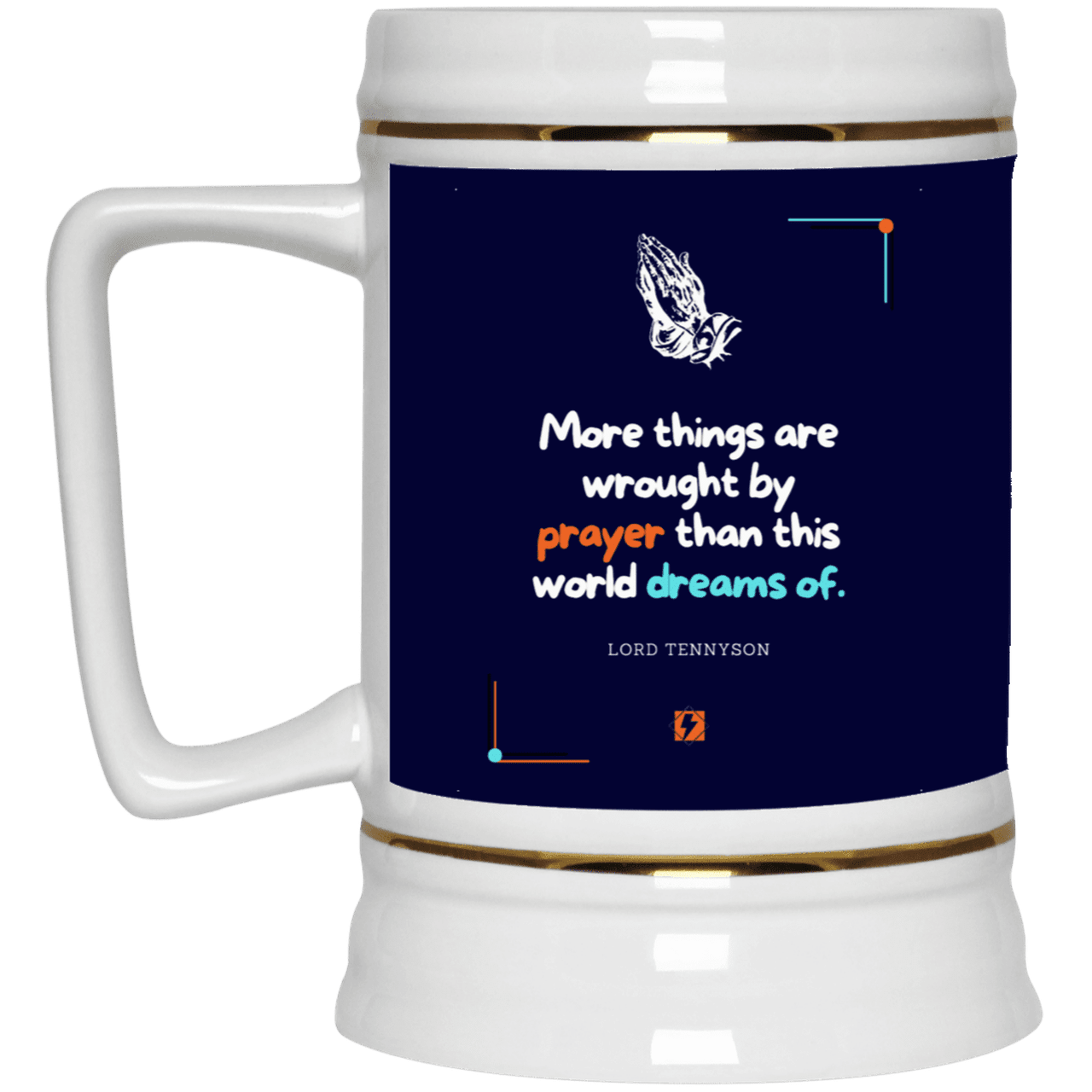 Ceramic Beer Stein Mug with inspiring Tennyson quote: LT111 - Prayer accomplishes things not dreams - Color: Navy