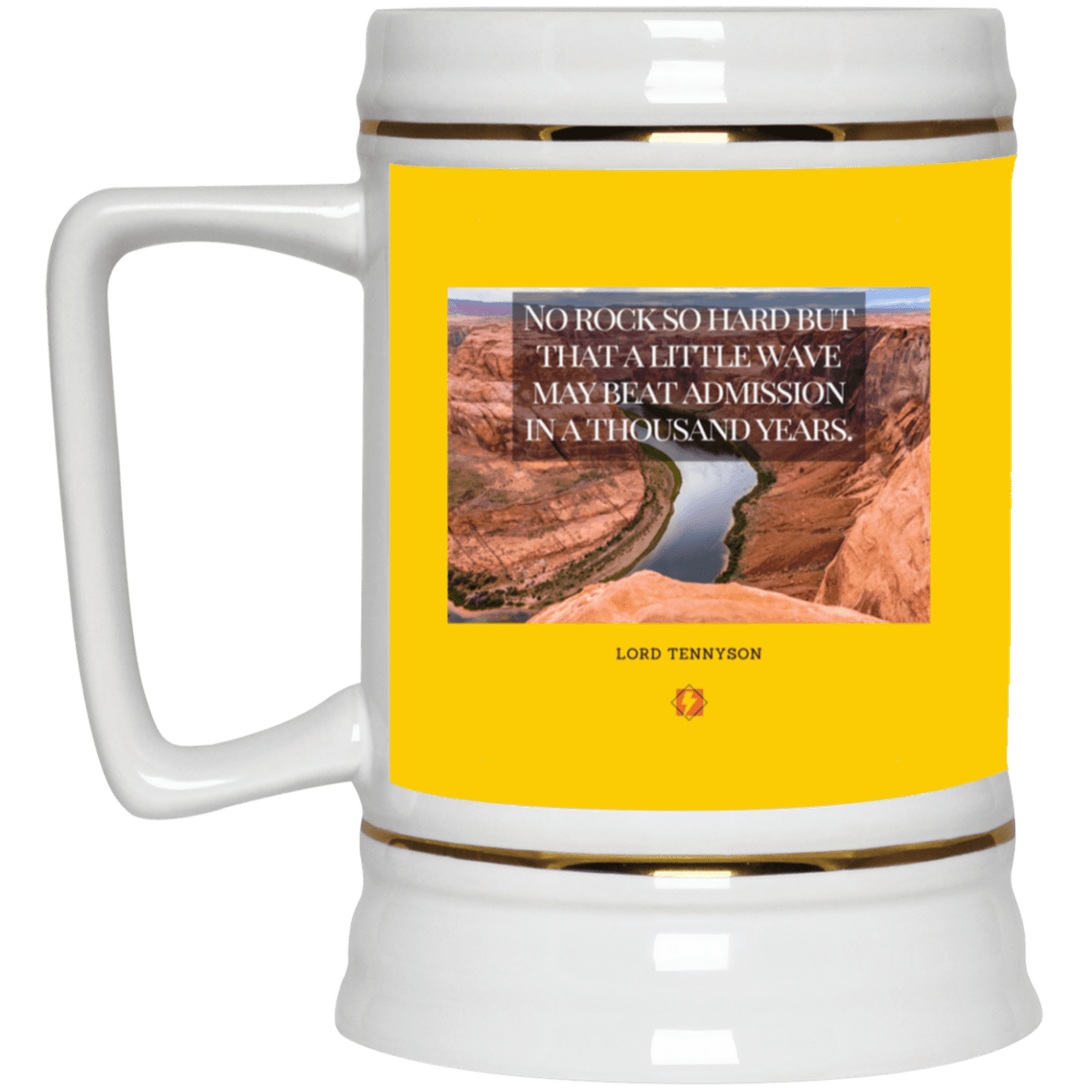 Ceramic Beer Stein Mug with inspiring Tennyson quote: LT112 - Water beats rocks into submission in time - Color: Athletic Gold