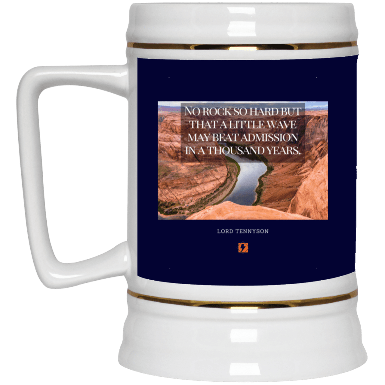 Ceramic Beer Stein Mug with inspiring Tennyson quote: LT112 - Water beats rocks into submission in time - Color: Navy