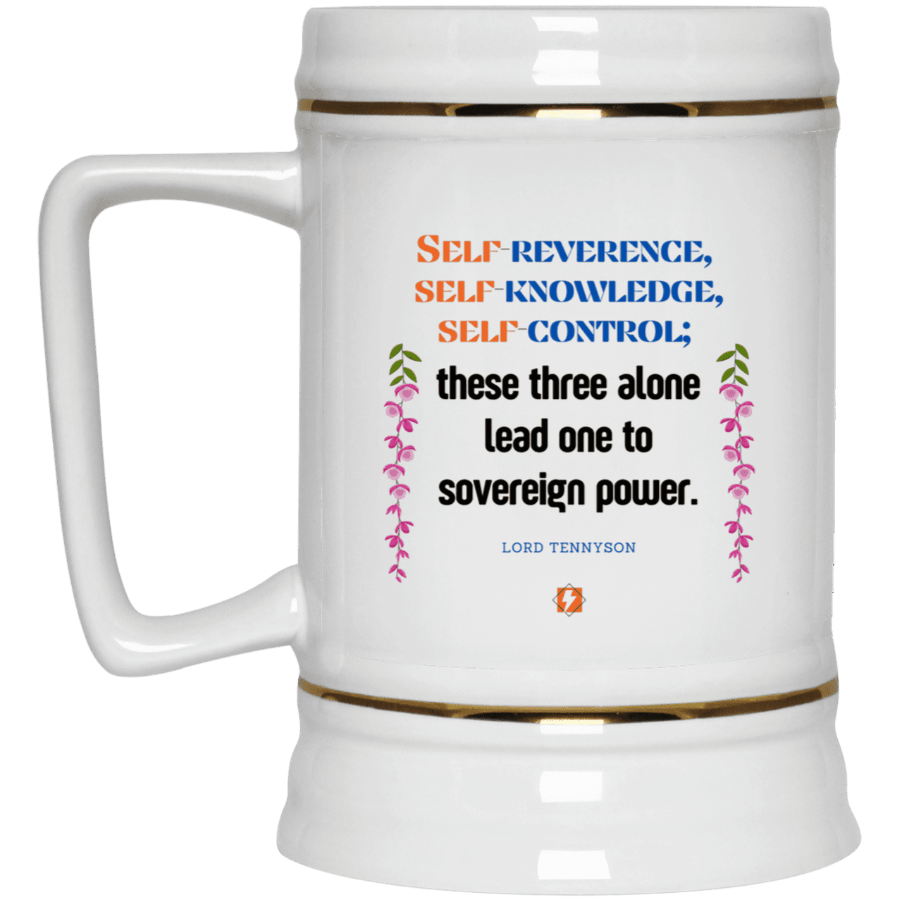 Ceramic Beer Stein Mug with inspiring Tennyson quote: LT113 - Self knowledge leads to power - Color: Plain White