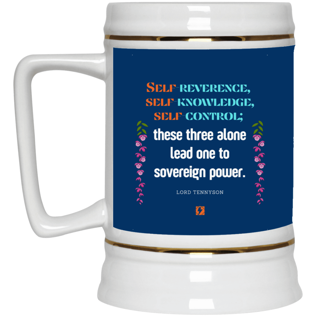 Ceramic Beer Stein Mug with inspiring Tennyson quote: LT113 - Self knowledge leads to power - Color: Royal