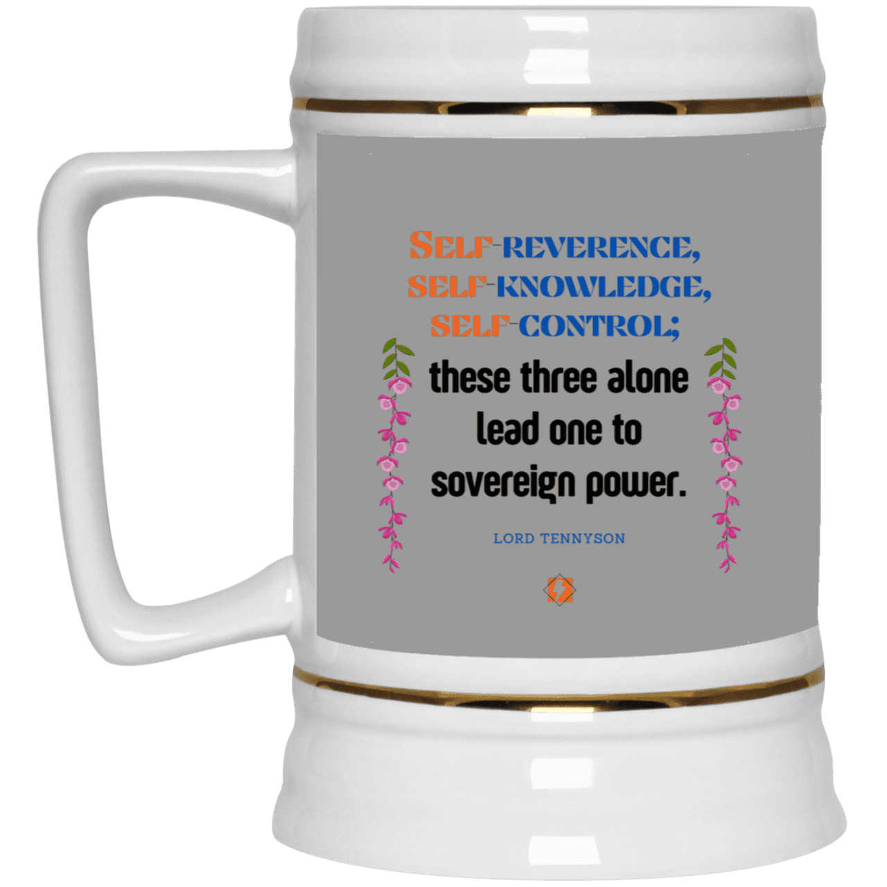 Ceramic Beer Stein Mug with inspiring Tennyson quote: LT113 - Self knowledge leads to power - Color: Gray