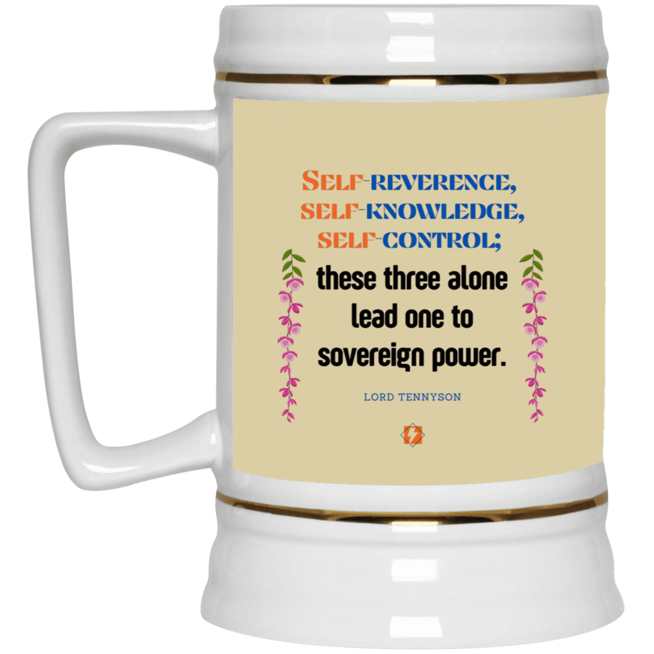 Ceramic Beer Stein Mug with inspiring Tennyson quote: LT113 - Self knowledge leads to power - Color: Tan