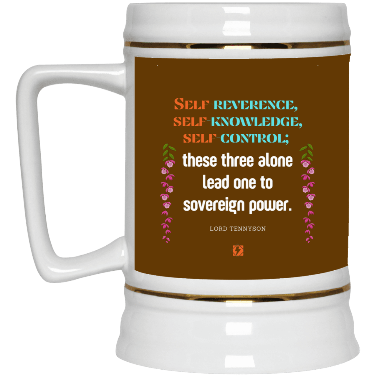 Ceramic Beer Stein Mug with inspiring Tennyson quote: LT113 - Self knowledge leads to power - Color: Brown