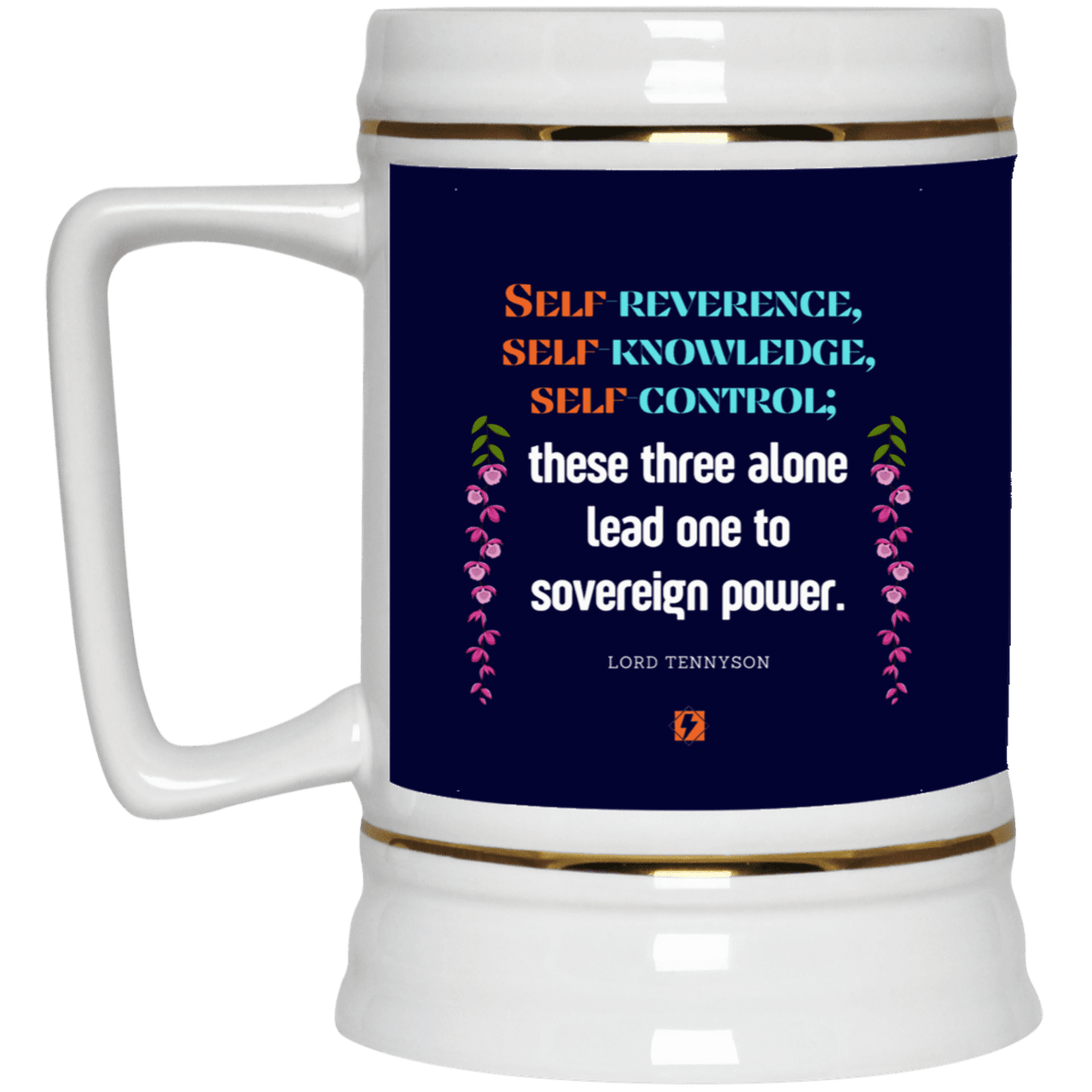 Ceramic Beer Stein Mug with inspiring Tennyson quote: LT113 - Self knowledge leads to power - Color: Navy