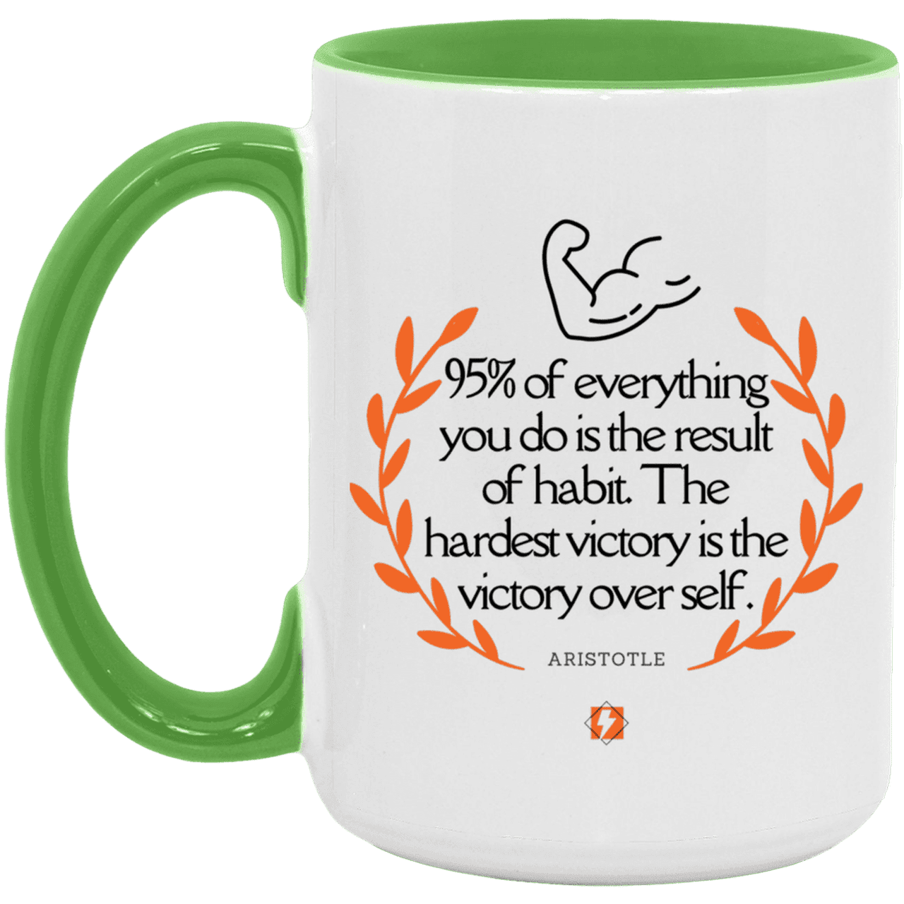 Ceramic Large Mug 15oz with inspiring Aristotle quote: A101 - Habits lead to victory - Color: White/Light Green