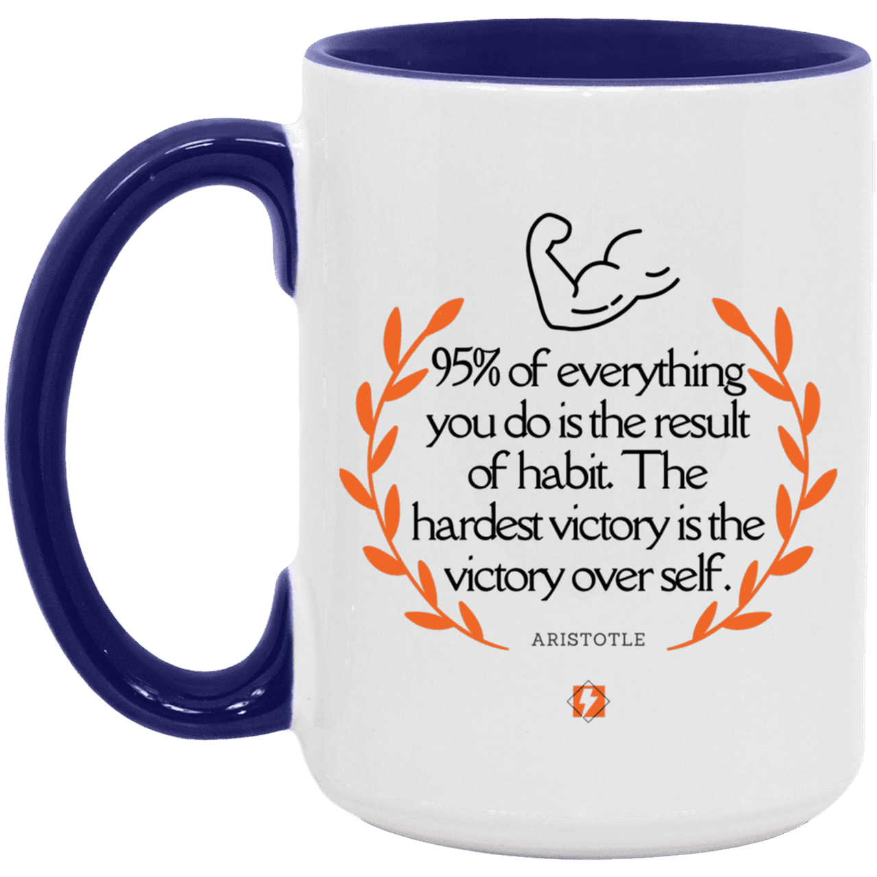 Ceramic Large Mug 15oz with inspiring Aristotle quote: A101 - Habits lead to victory - Color: White/Midnight Blue