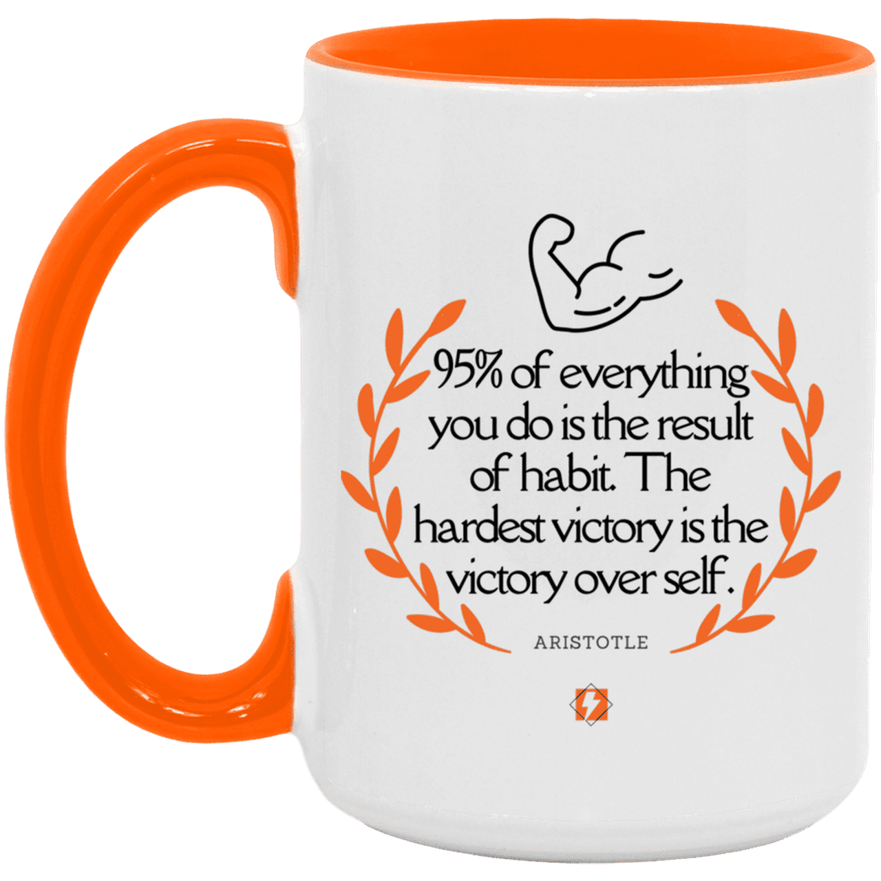 Ceramic Large Mug 15oz with inspiring Aristotle quote: A101 - Habits lead to victory - Color: White/Orange