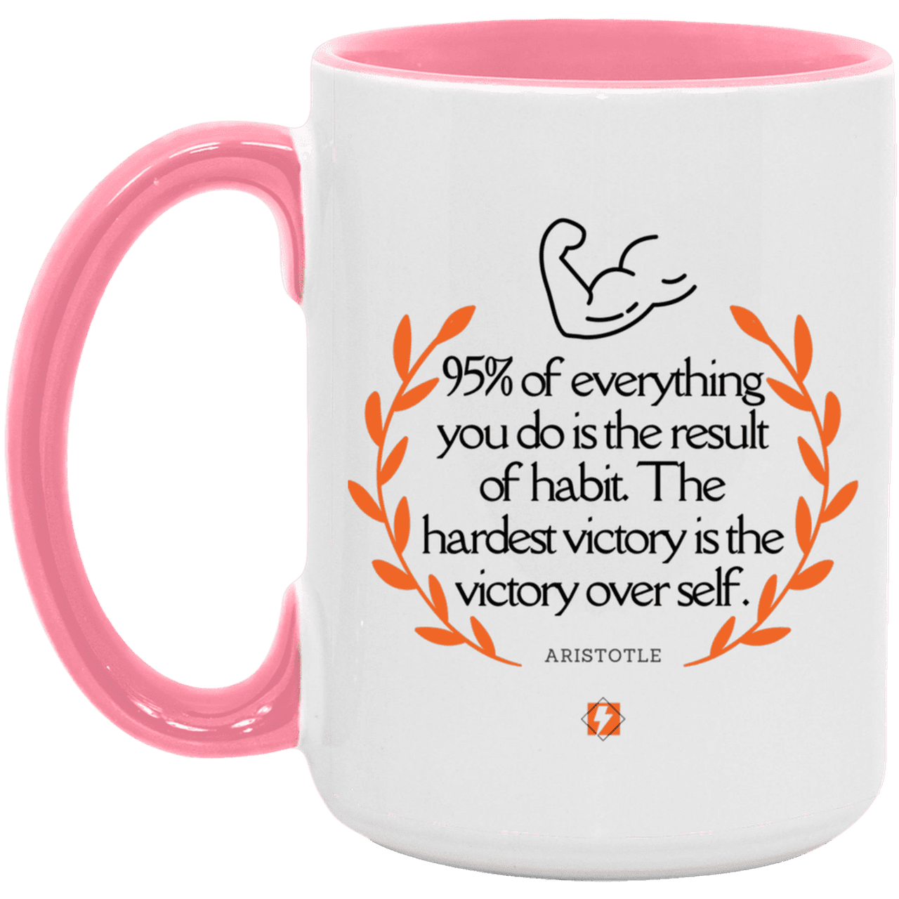 Ceramic Large Mug 15oz with inspiring Aristotle quote: A101 - Habits lead to victory - Color: White/Pink