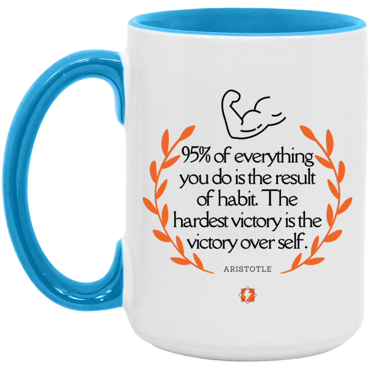 Ceramic Large Mug 15oz with inspiring Aristotle quote: A101 - Habits lead to victory - Color: White/Light Blue