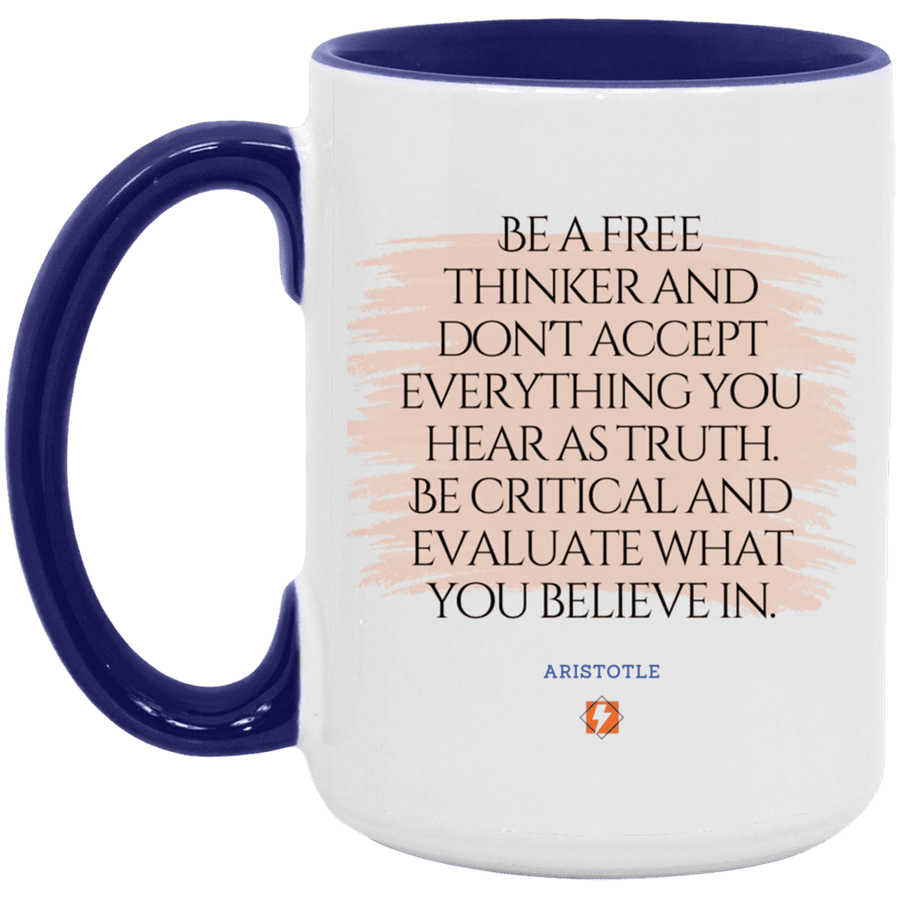 Ceramic Large Mug 15oz with inspiring Aristotle quote: A106 - Become a critical thinker - Color: White/Midnight Blue