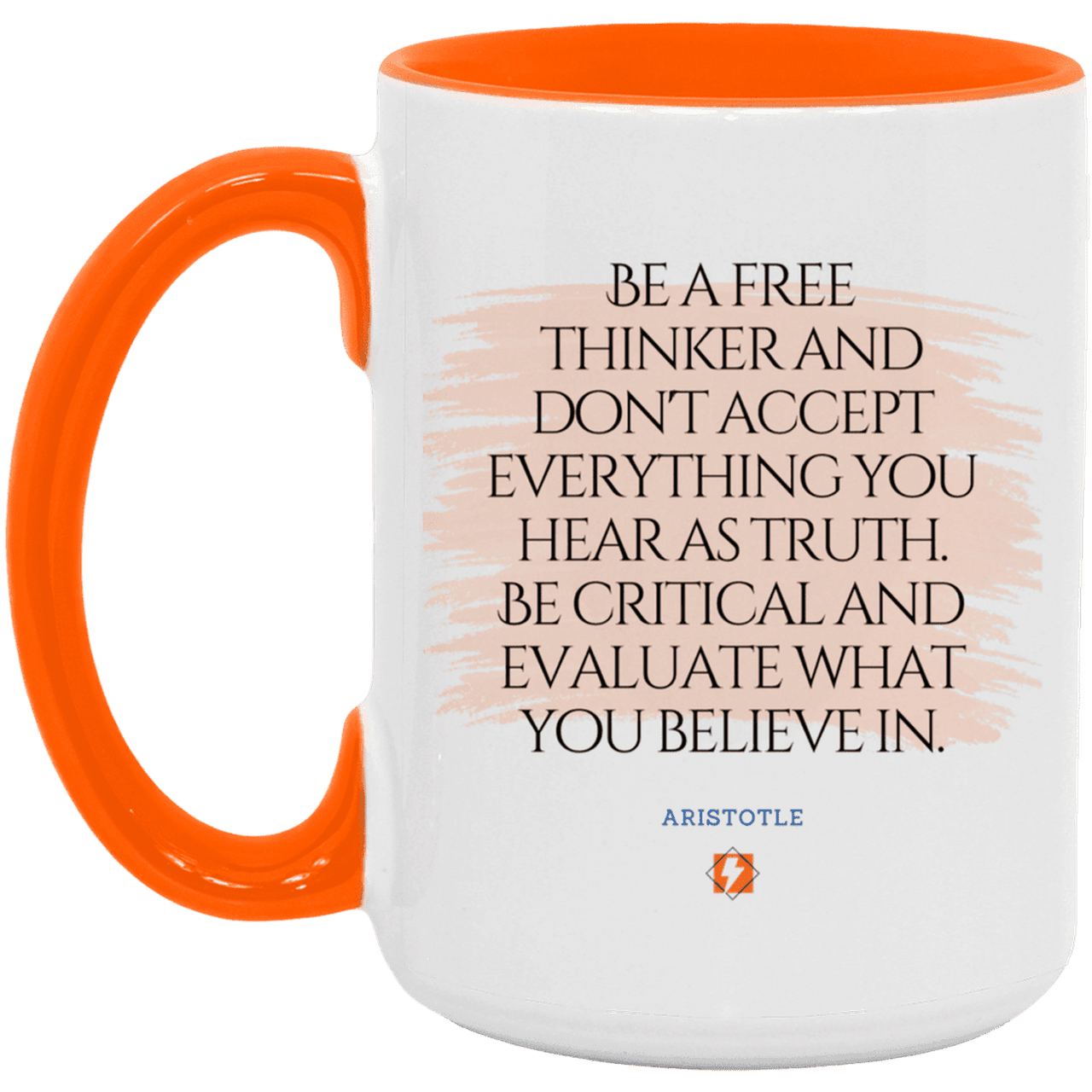 Ceramic Large Mug 15oz with inspiring Aristotle quote: A106 - Become a critical thinker - Color: White/Orange