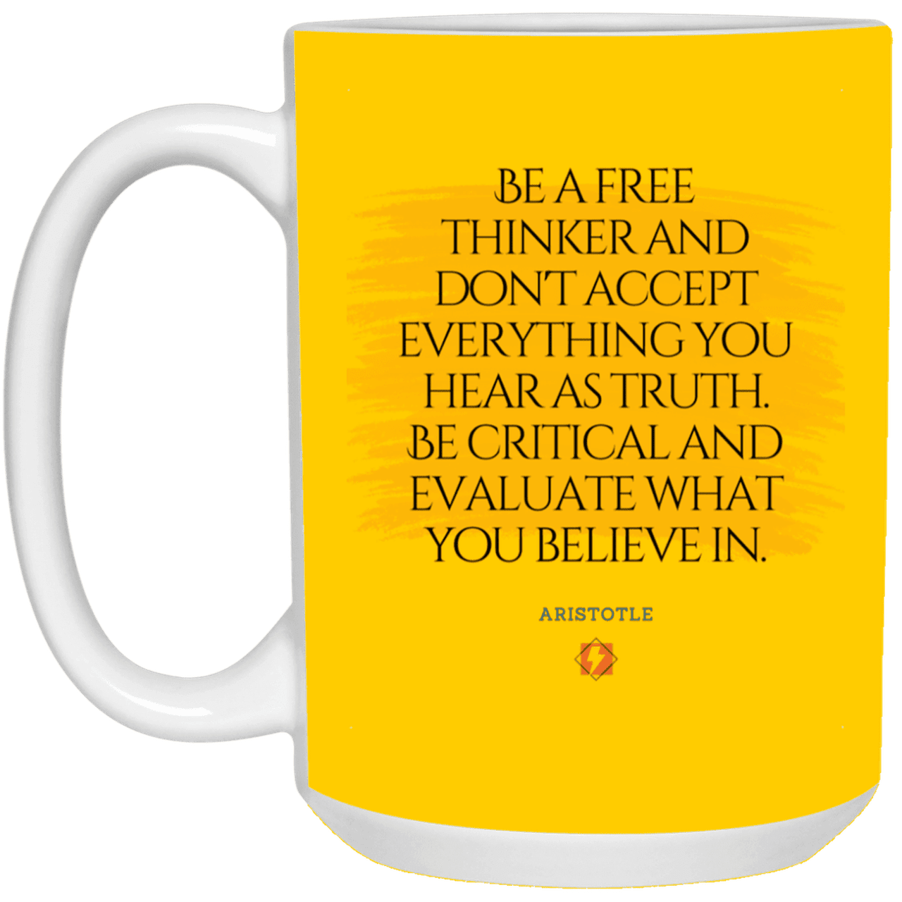 Ceramic Large Mug 15oz with inspiring Aristotle quote: A106 - Become a critical thinker - Color: Athletic Gold