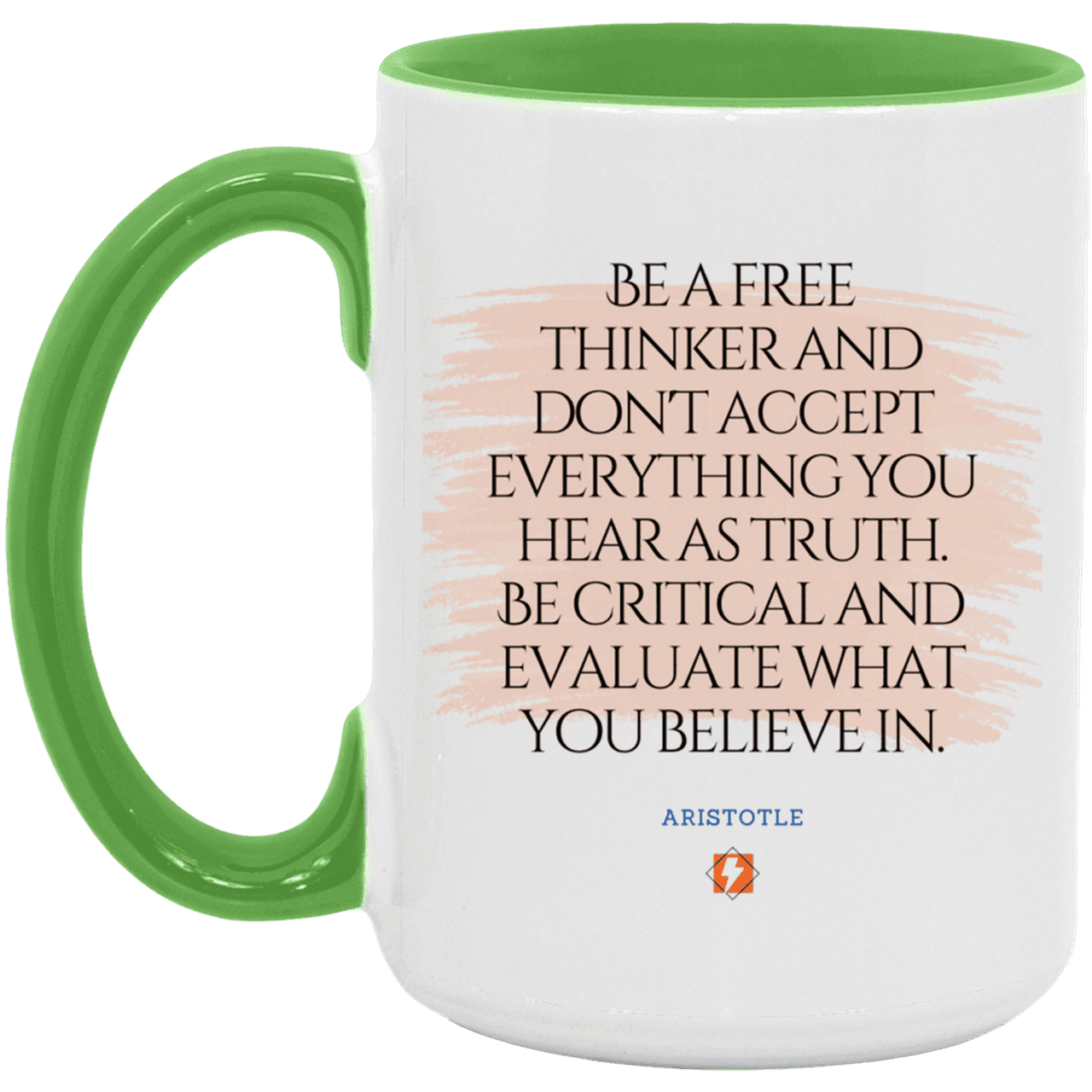 Ceramic Large Mug 15oz with inspiring Aristotle quote: A106 - Become a critical thinker - Color: White/Light Green