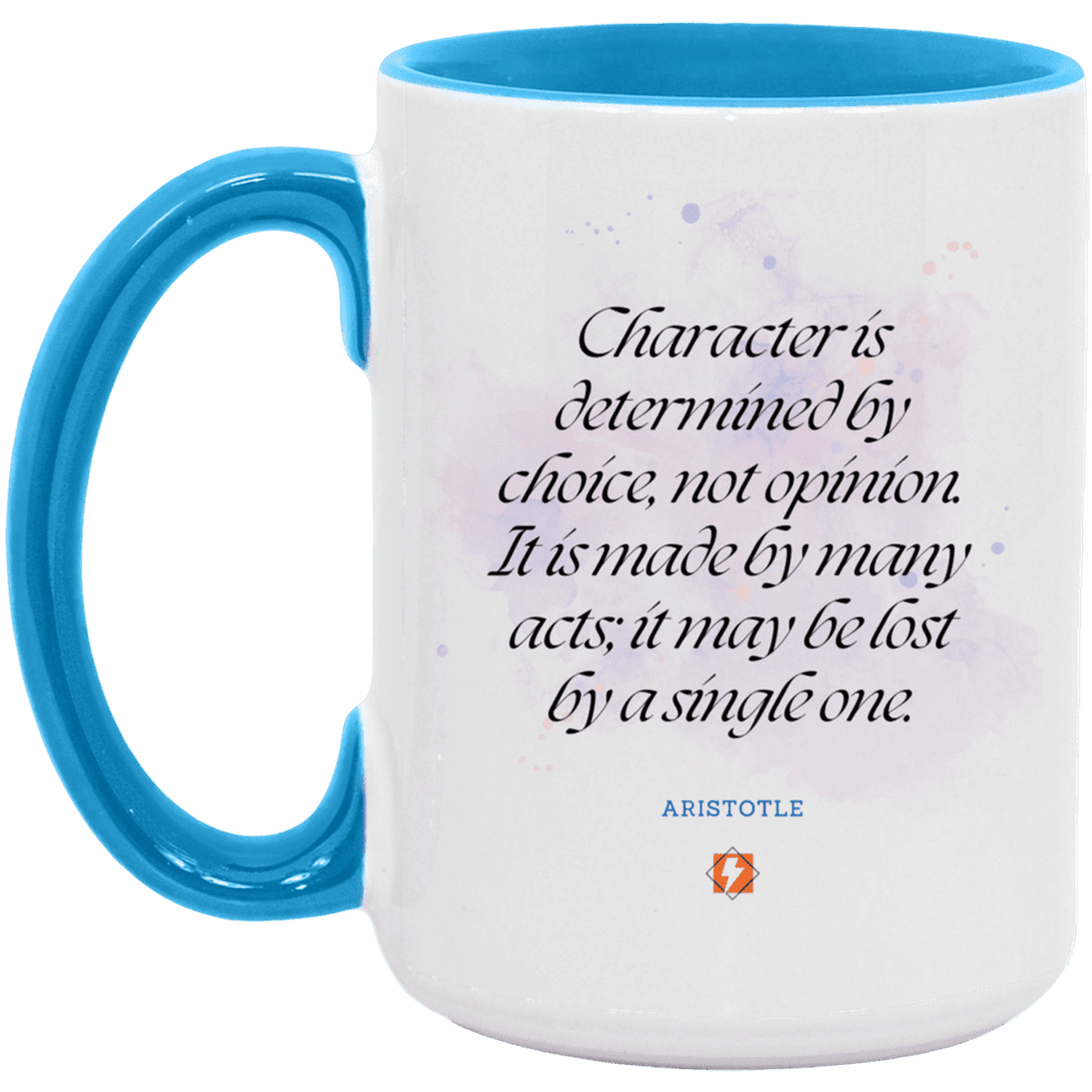 Ceramic Large Mug 15oz with inspiring Aristotle quote: A107 - Character is the sum-total of your choices - Color: White/Light Blue