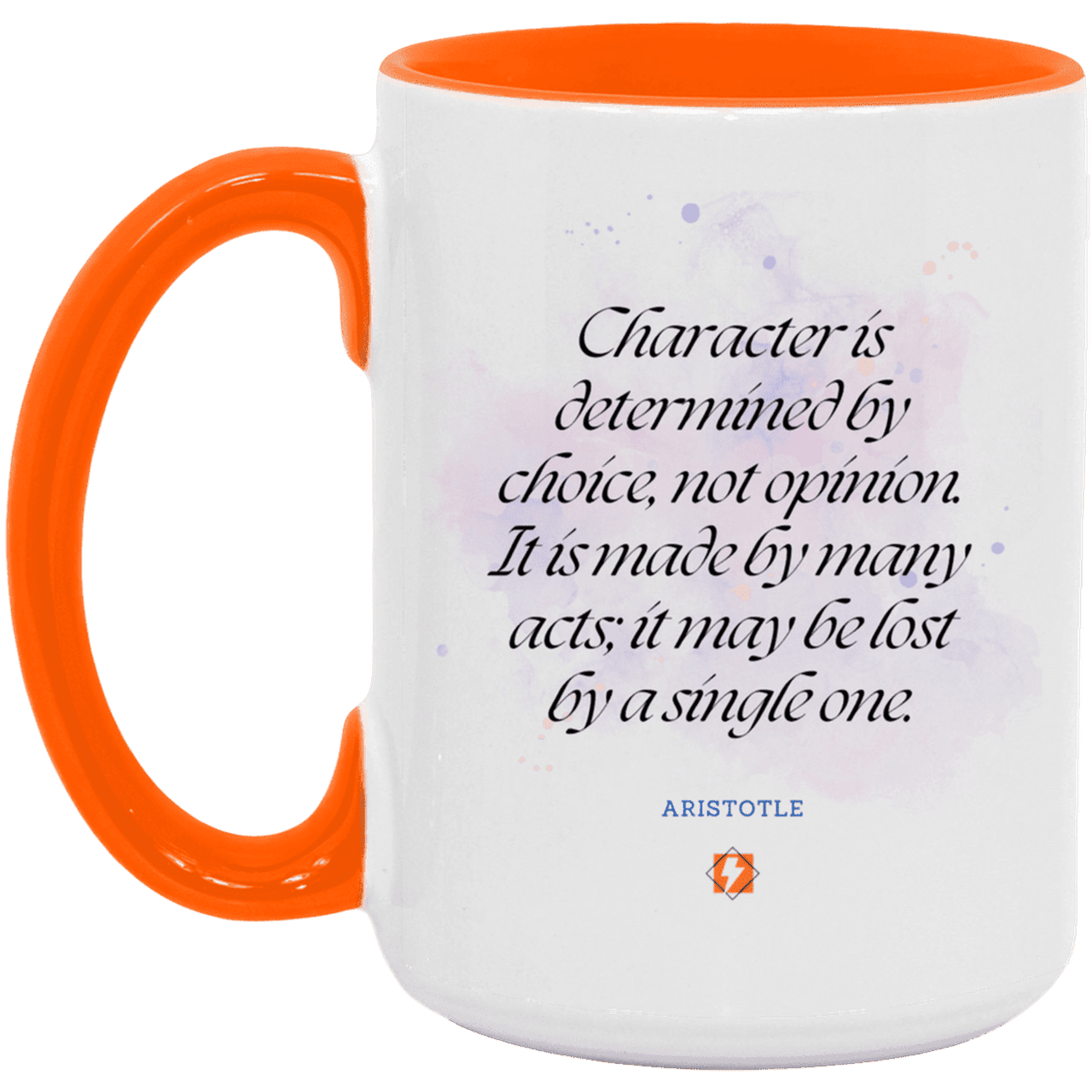 Ceramic Large Mug 15oz with inspiring Aristotle quote: A107 - Character is the sum-total of your choices - Color: White/Orange