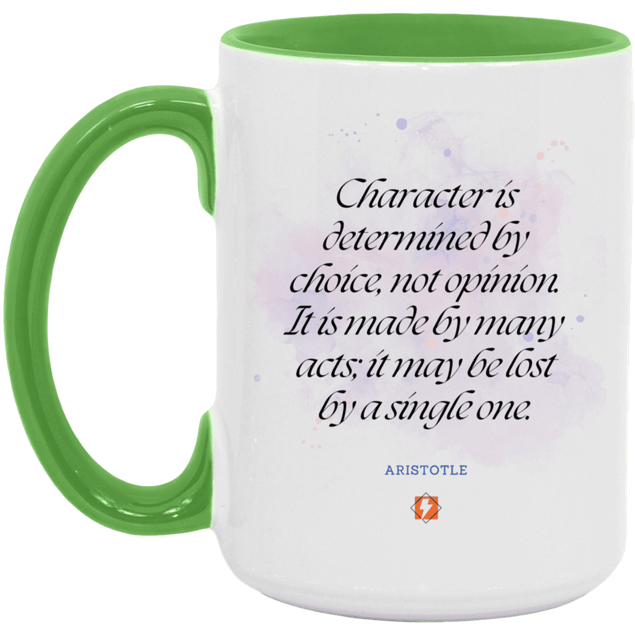 Ceramic Large Mug 15oz with inspiring Aristotle quote: A107 - Character is the sum-total of your choices - Color: White/Light Green