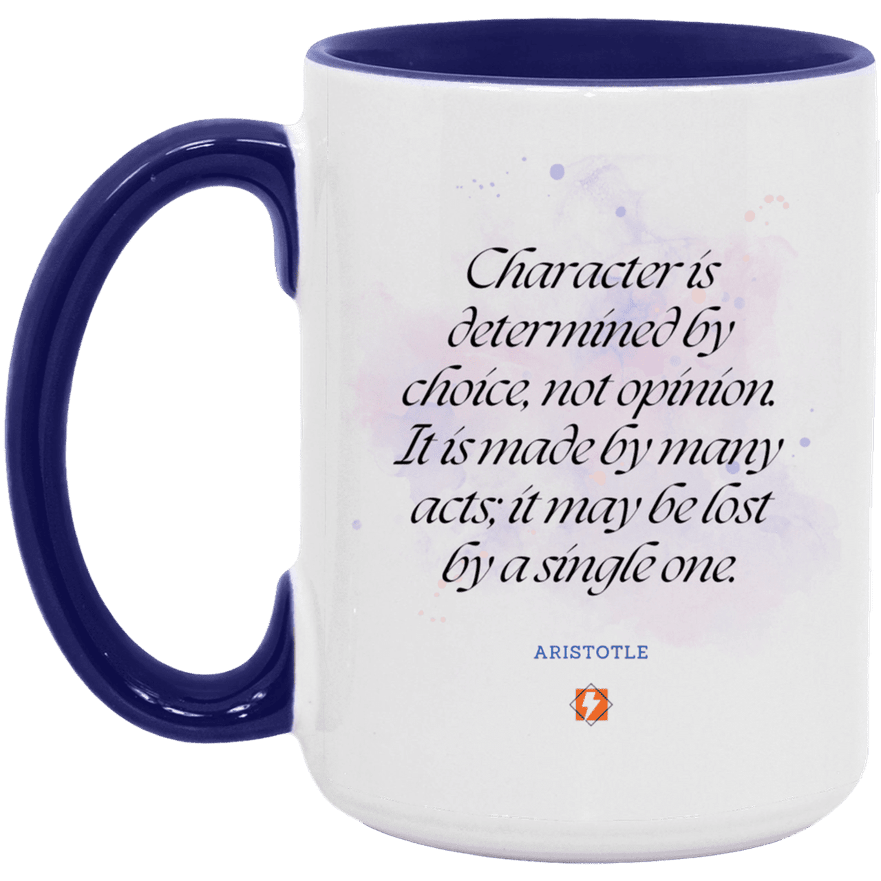 Ceramic Large Mug 15oz with inspiring Aristotle quote: A107 - Character is the sum-total of your choices - Color: White/Midnight Blue