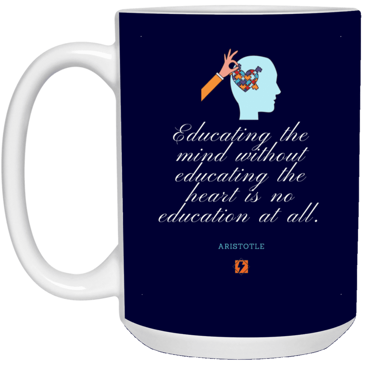 Ceramic Large Mug 15oz with inspiring Aristotle quote: A110 - Education must include the heart - Color: Navy