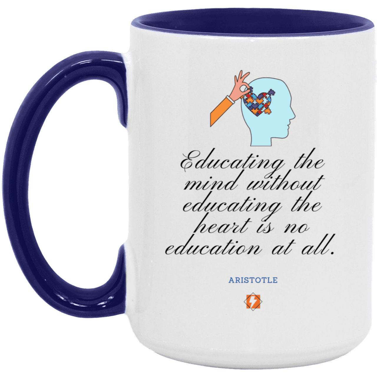 Ceramic Large Mug 15oz with inspiring Aristotle quote: A110 - Education must include the heart - Color: White/Midnight Blue