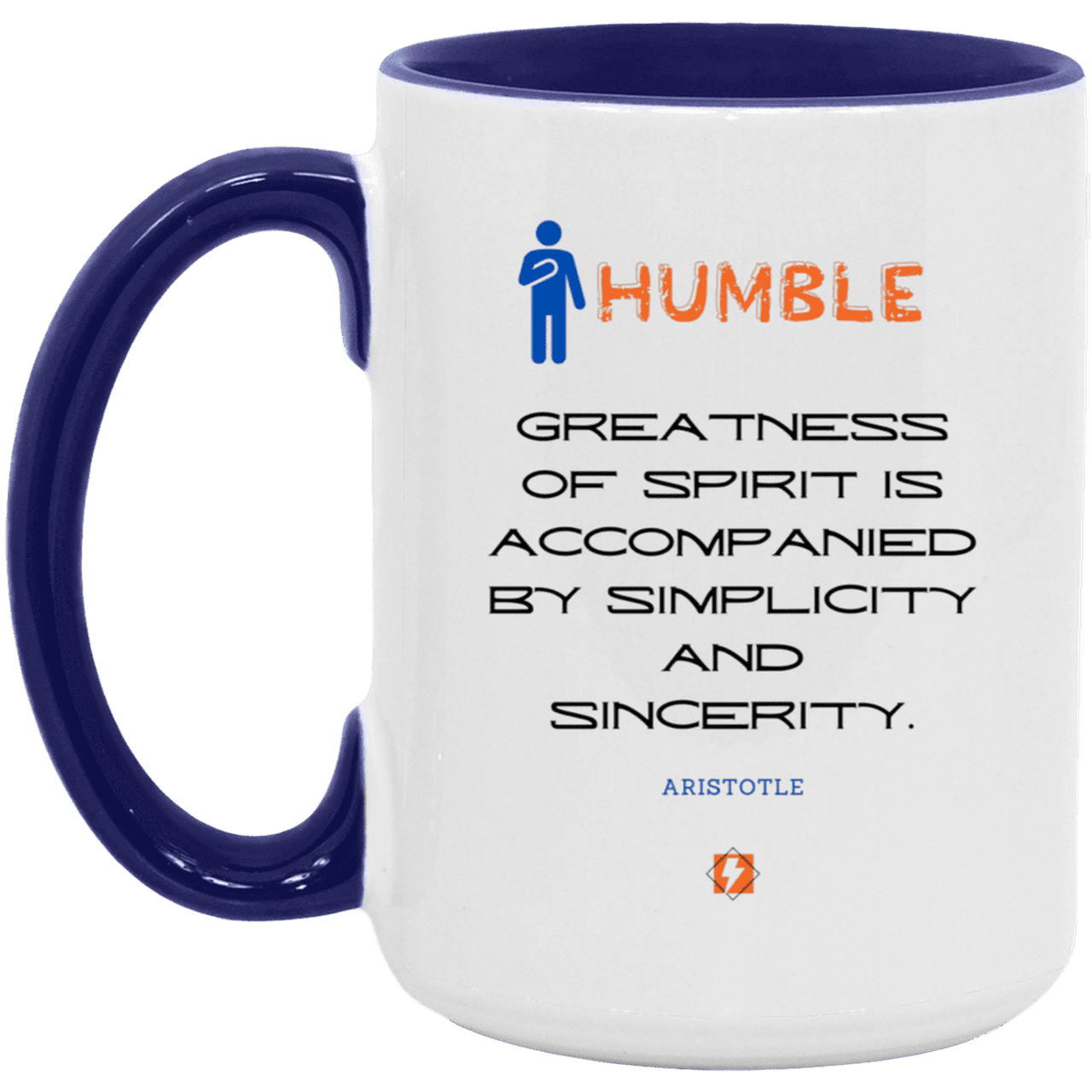 Ceramic Large Mug 15oz with inspiring Aristotle quote: A111 - Staying humble elevates greatness - Color: White/Midnight Blue