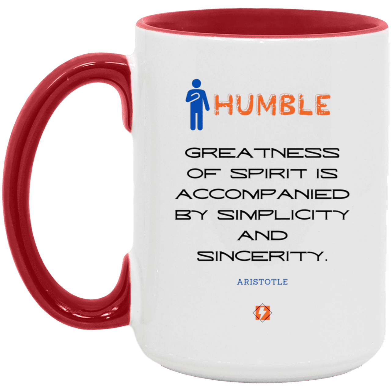 Ceramic Large Mug 15oz with inspiring Aristotle quote: A111 - Staying humble elevates greatness - Color: White/Red