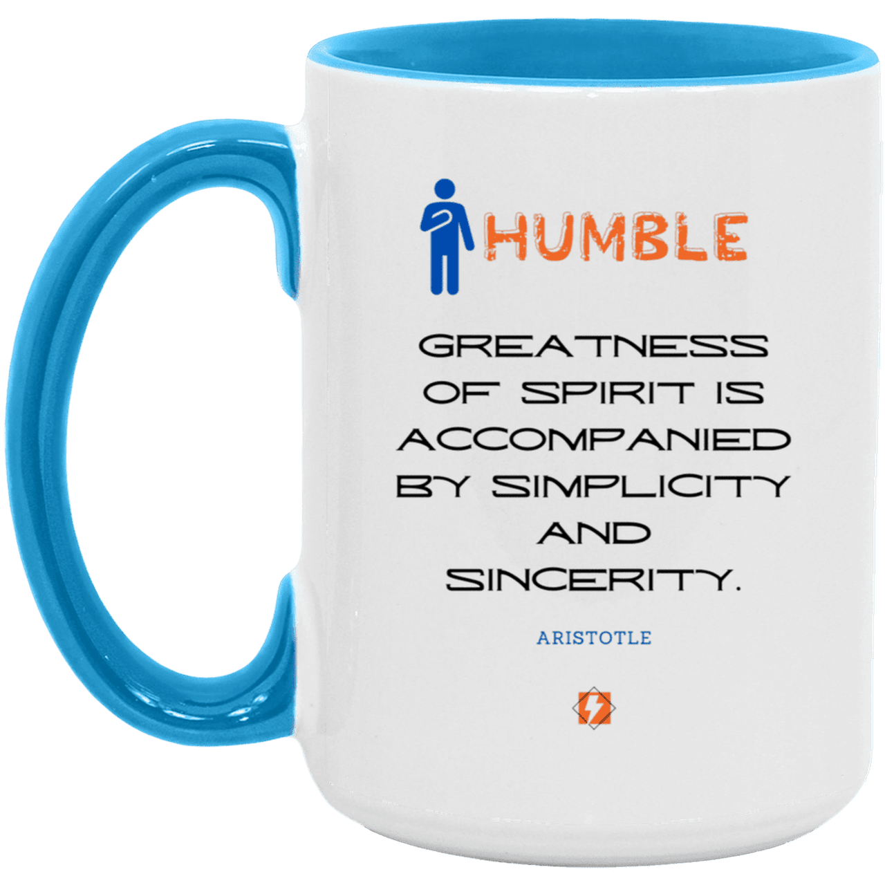 Ceramic Large Mug 15oz with inspiring Aristotle quote: A111 - Staying humble elevates greatness - Color: White/Light Blue