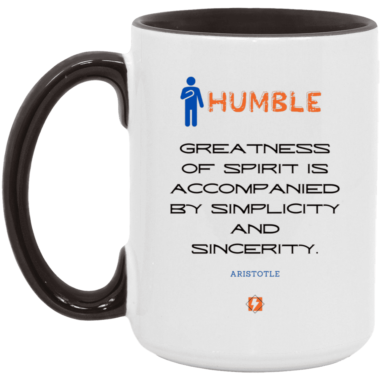 Ceramic Large Mug 15oz with inspiring Aristotle quote: A111 - Staying humble elevates greatness - Color: White/Black