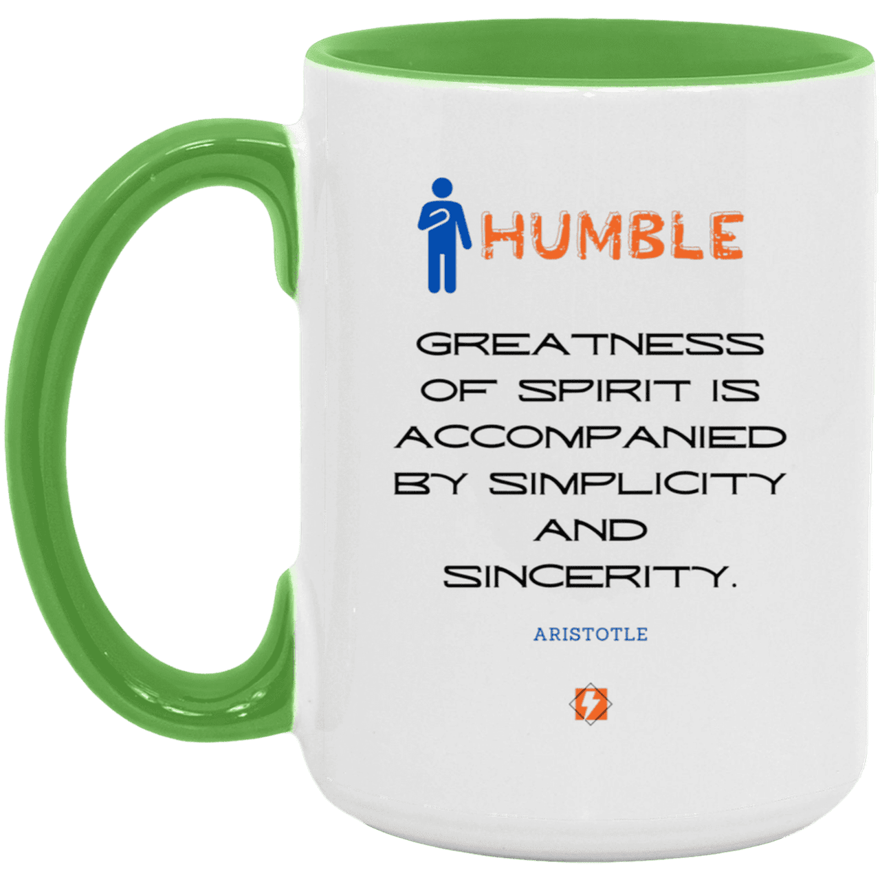 Ceramic Large Mug 15oz with inspiring Aristotle quote: A111 - Staying humble elevates greatness - Color: White/Light Green