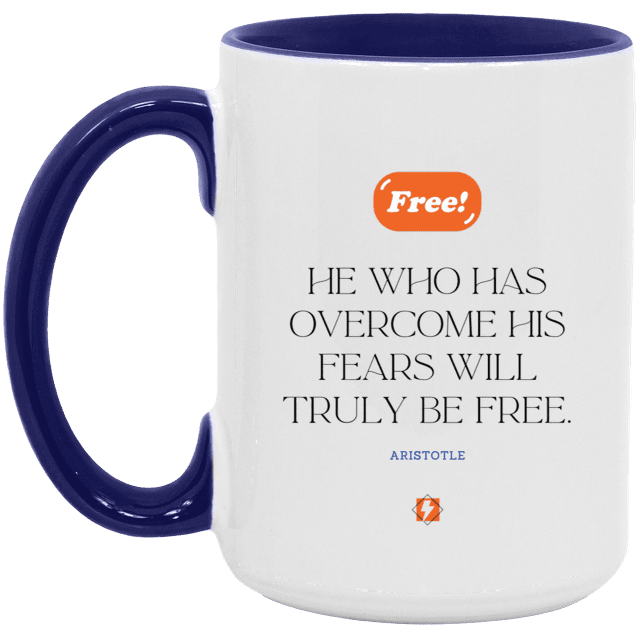 Ceramic Large Mug 15oz with inspiring Aristotle quote: A114 - True freedom is fearlessness - Color: White/Midnight Blue