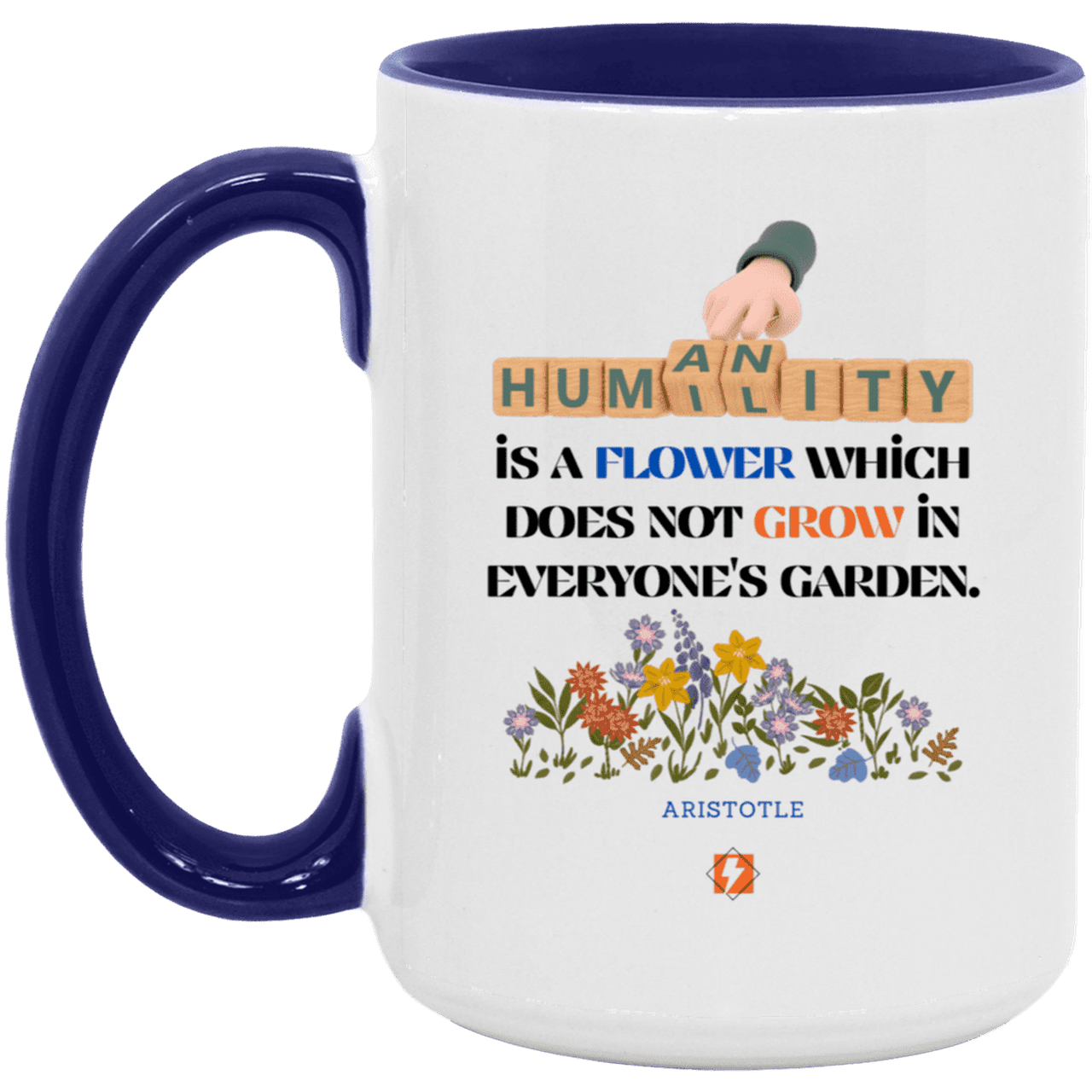 Ceramic Large Mug 15oz with inspiring Aristotle quote: A115 - Humility is not in everyone - Color: White/Midnight Blue