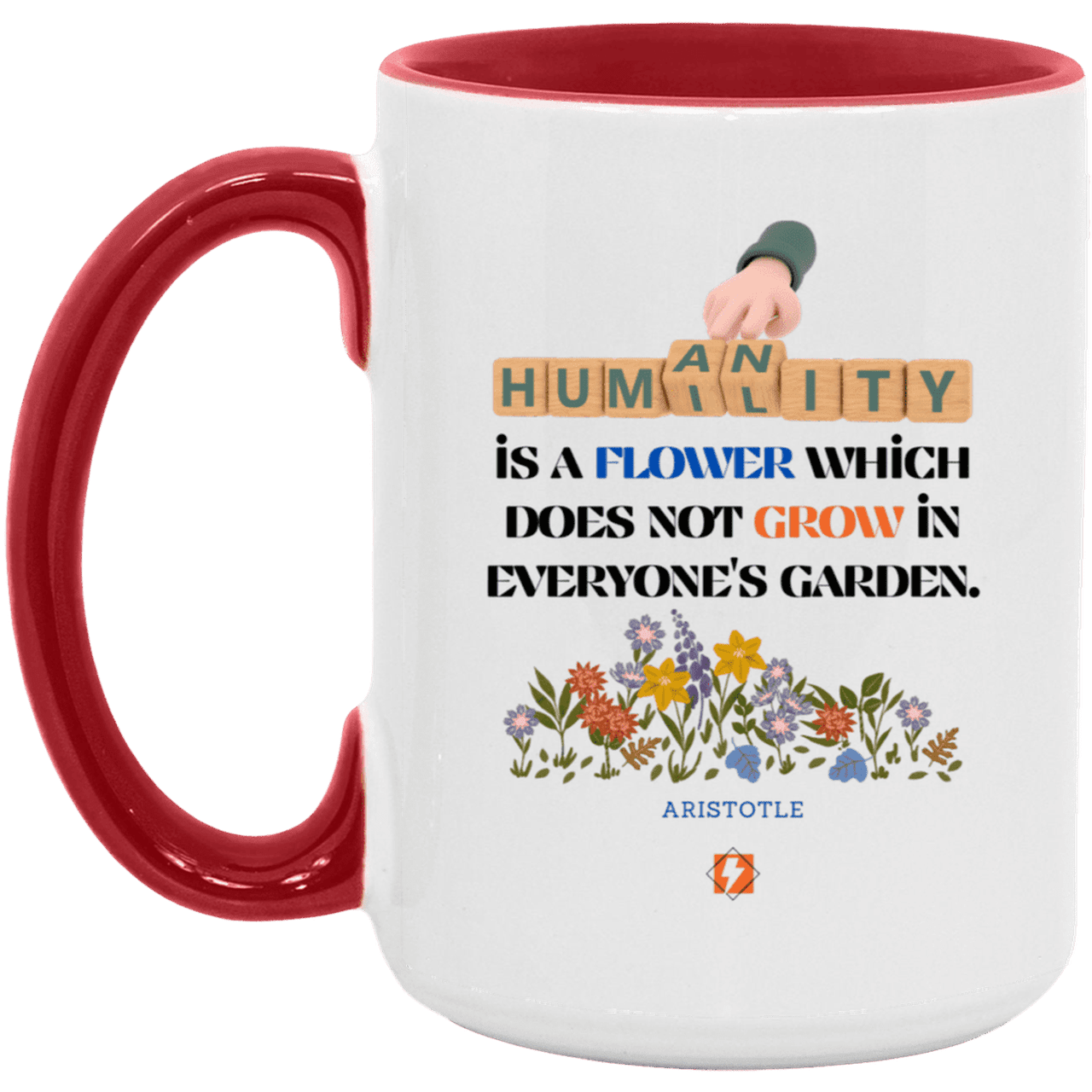 Ceramic Large Mug 15oz with inspiring Aristotle quote: A115 - Humility is not in everyone - Color: White/Red