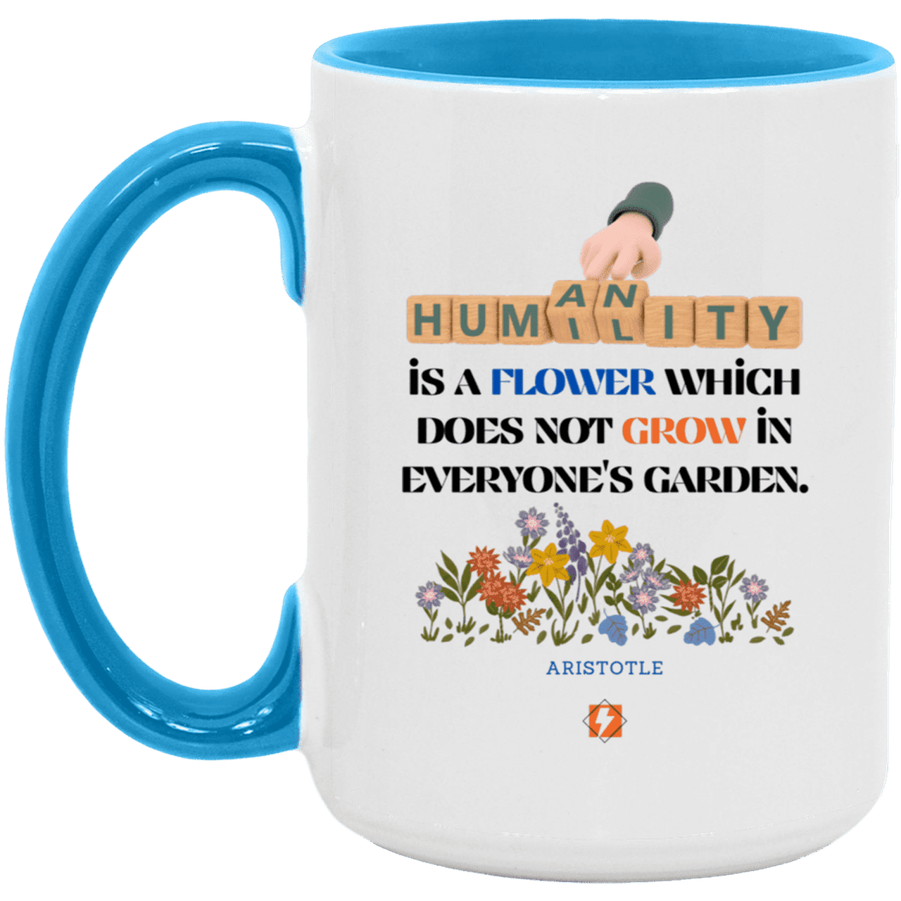 Ceramic Large Mug 15oz with inspiring Aristotle quote: A115 - Humility is not in everyone - Color: White/Light Blue