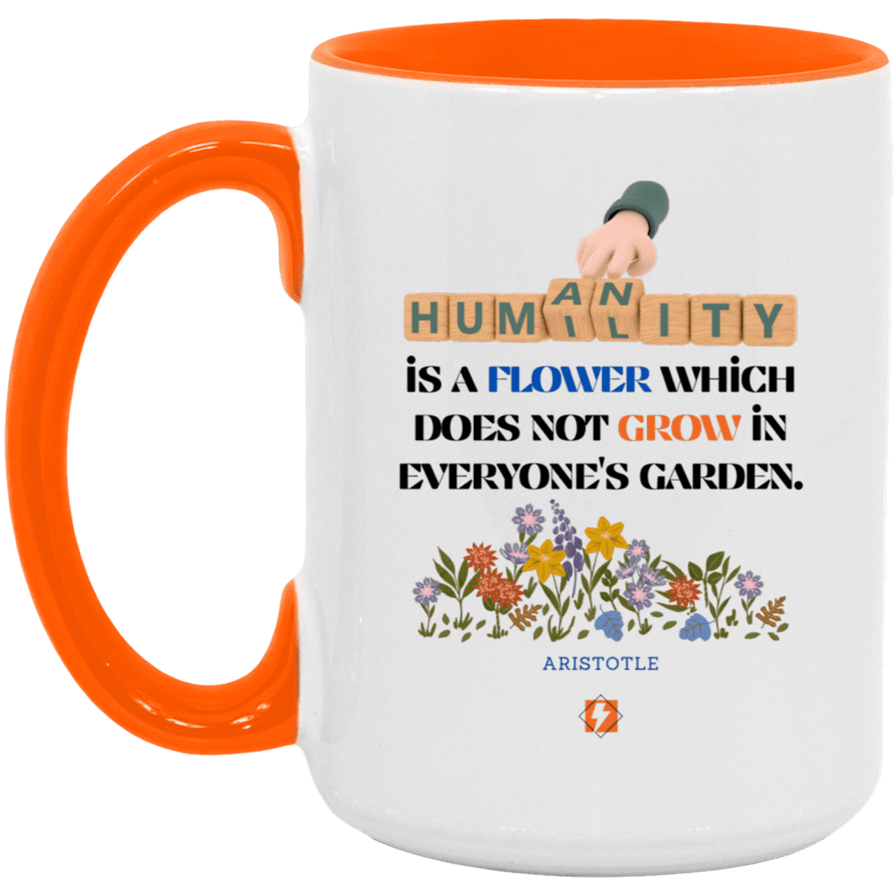 Ceramic Large Mug 15oz with inspiring Aristotle quote: A115 - Humility is not in everyone - Color: White/Orange