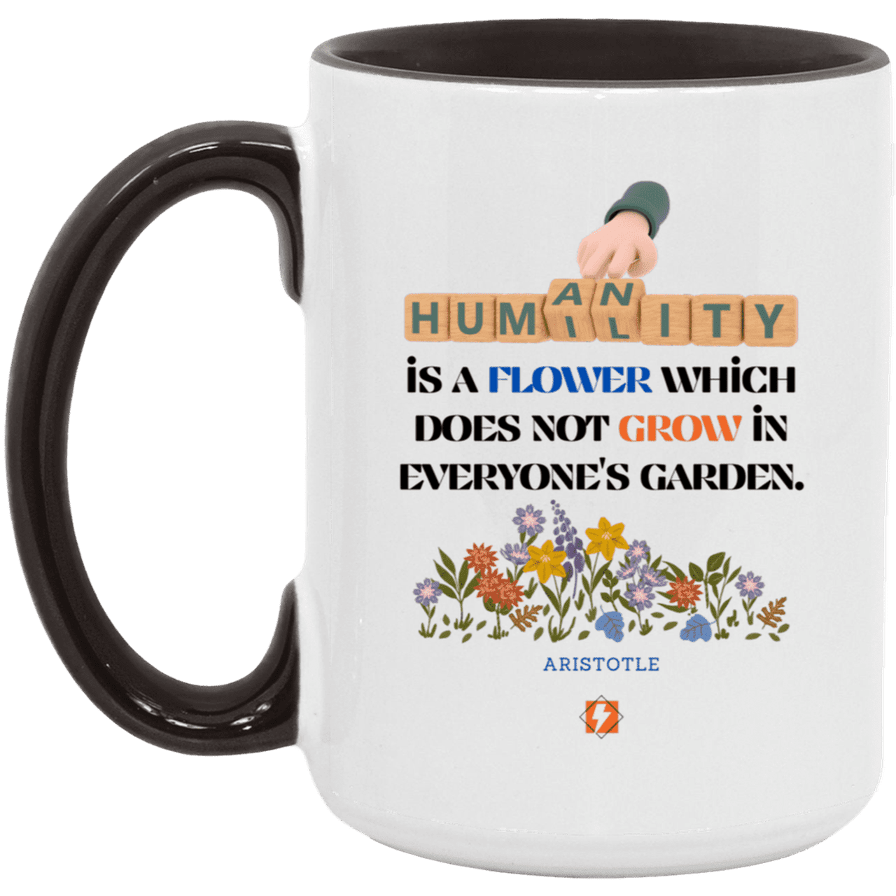 Ceramic Large Mug 15oz with inspiring Aristotle quote: A115 - Humility is not in everyone - Color: White/Black