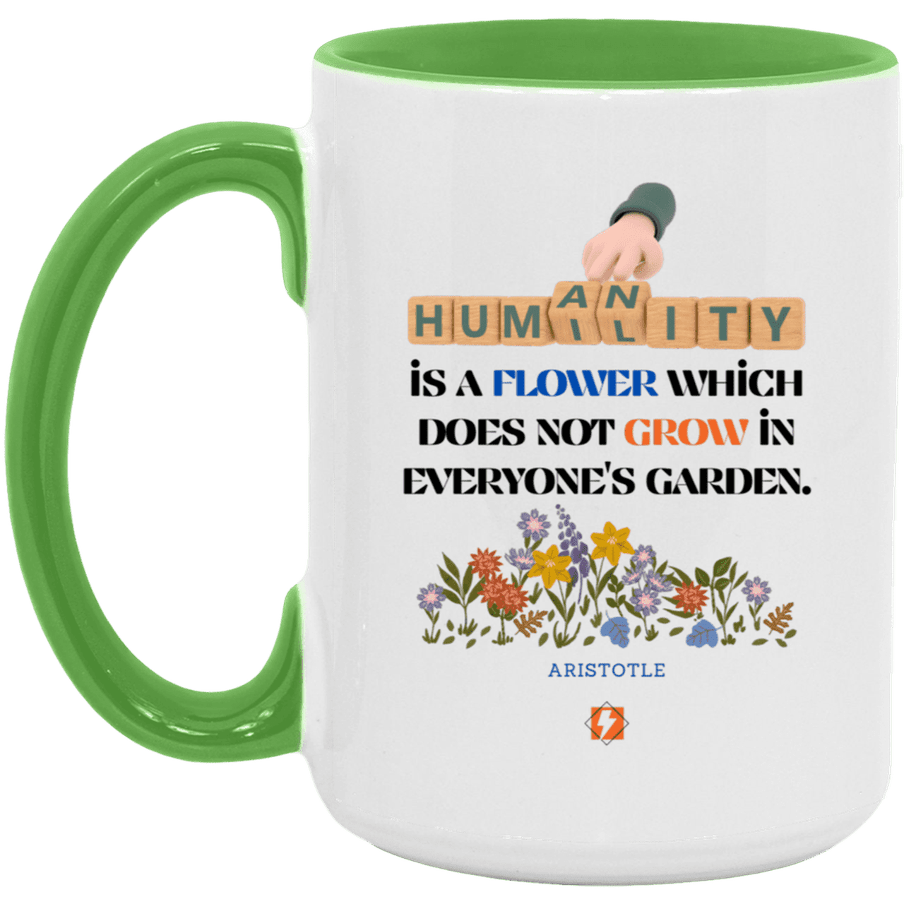 Ceramic Large Mug 15oz with inspiring Aristotle quote: A115 - Humility is not in everyone - Color: White/Light Green